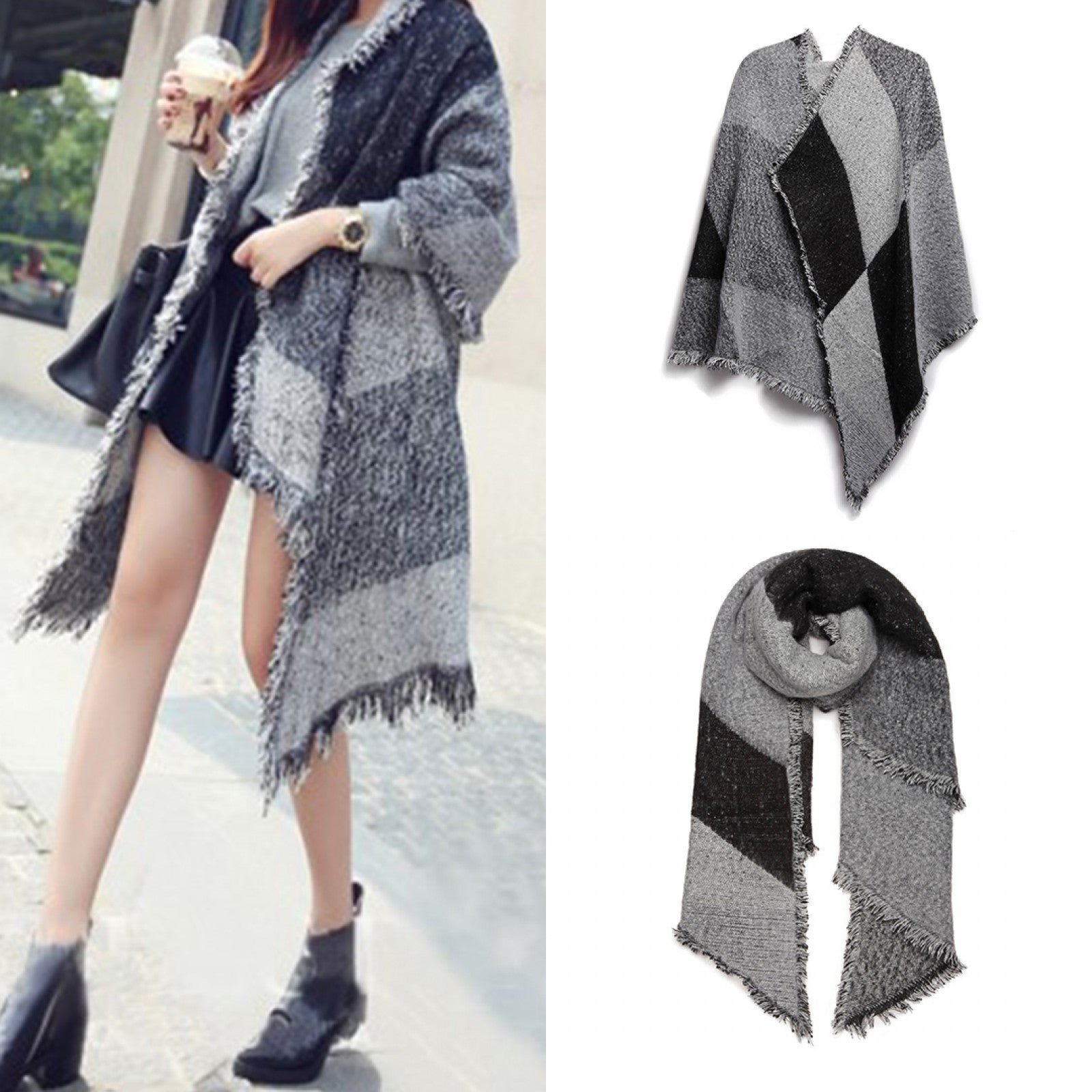 Women Ladies Fashion Plaid Scarf Blanket Winter Warm Wrap Shawl - Black