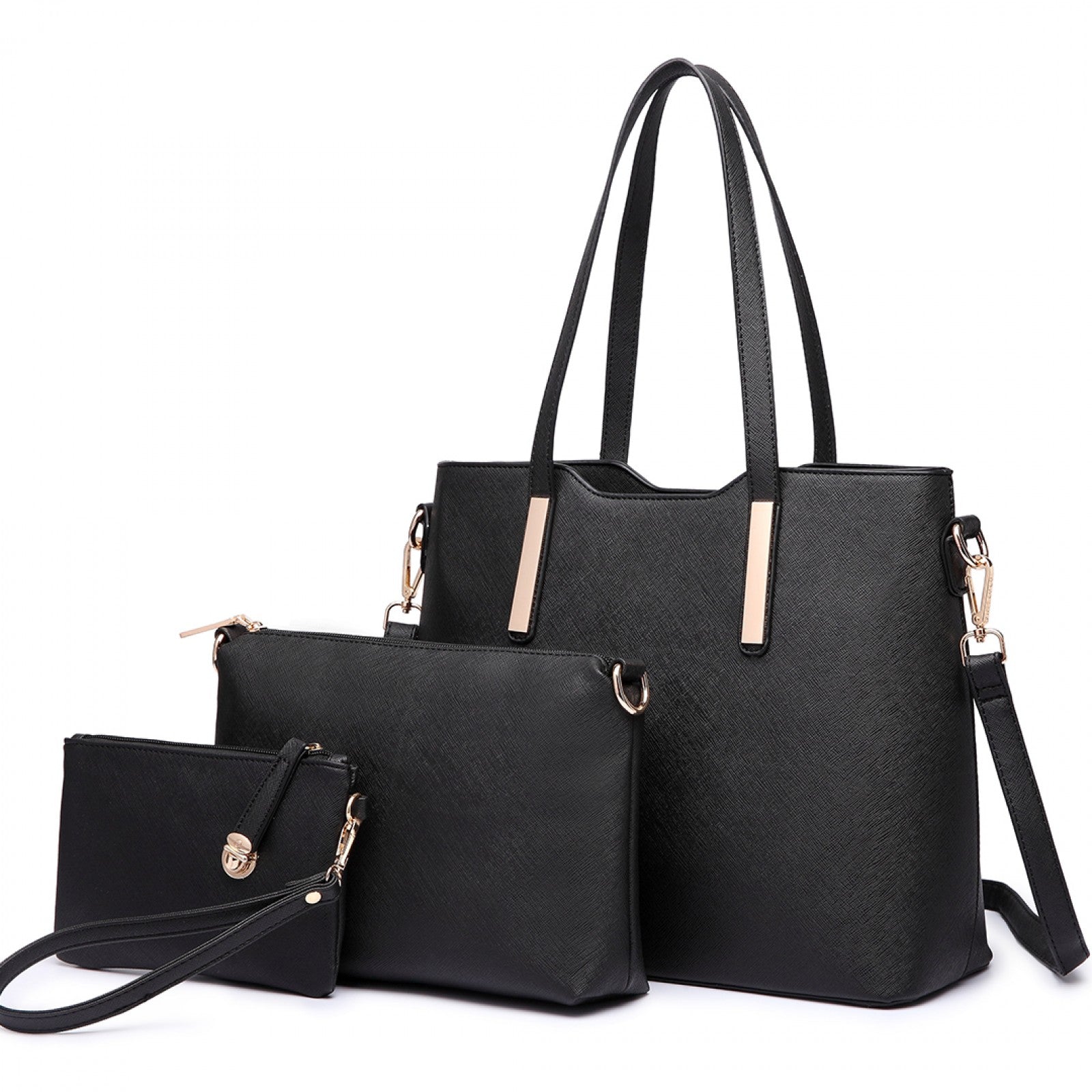 Miss Lulu Three Piece Tote Shoulder Bag And Clutch - Black