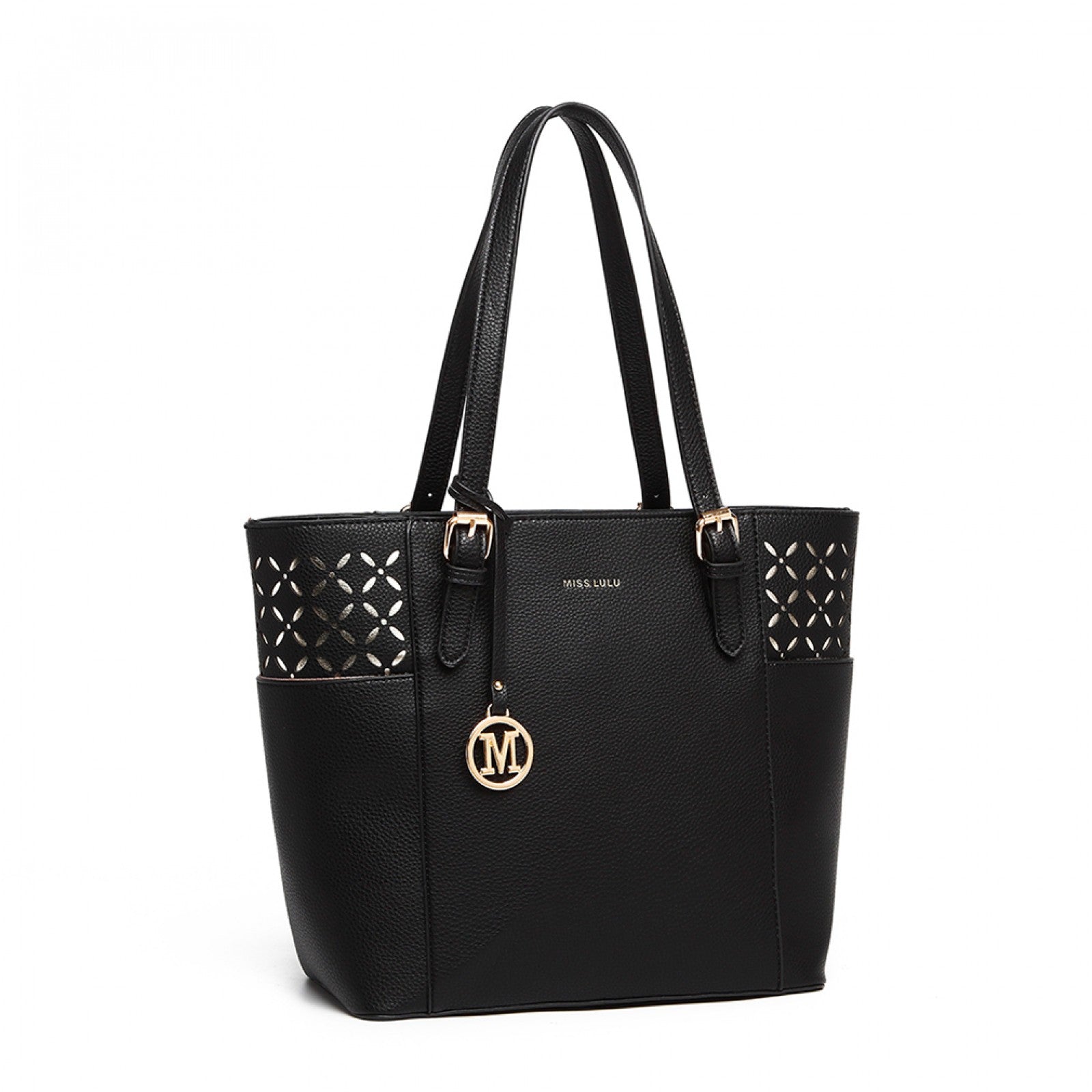 MISS LULU LASER CUT OUT TOTE SHOPPER BAG - BLACK