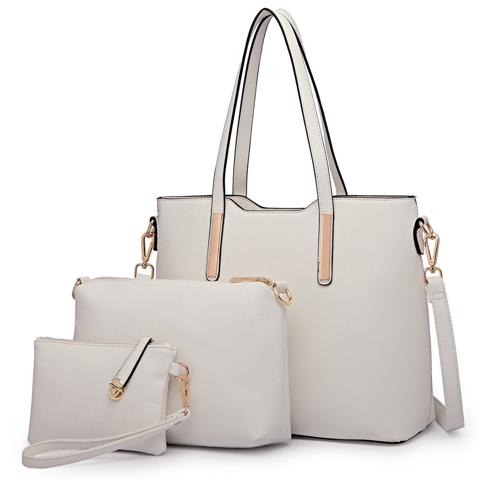 Miss Lulu Three Piece Tote Shoulder Bag And Clutch - White