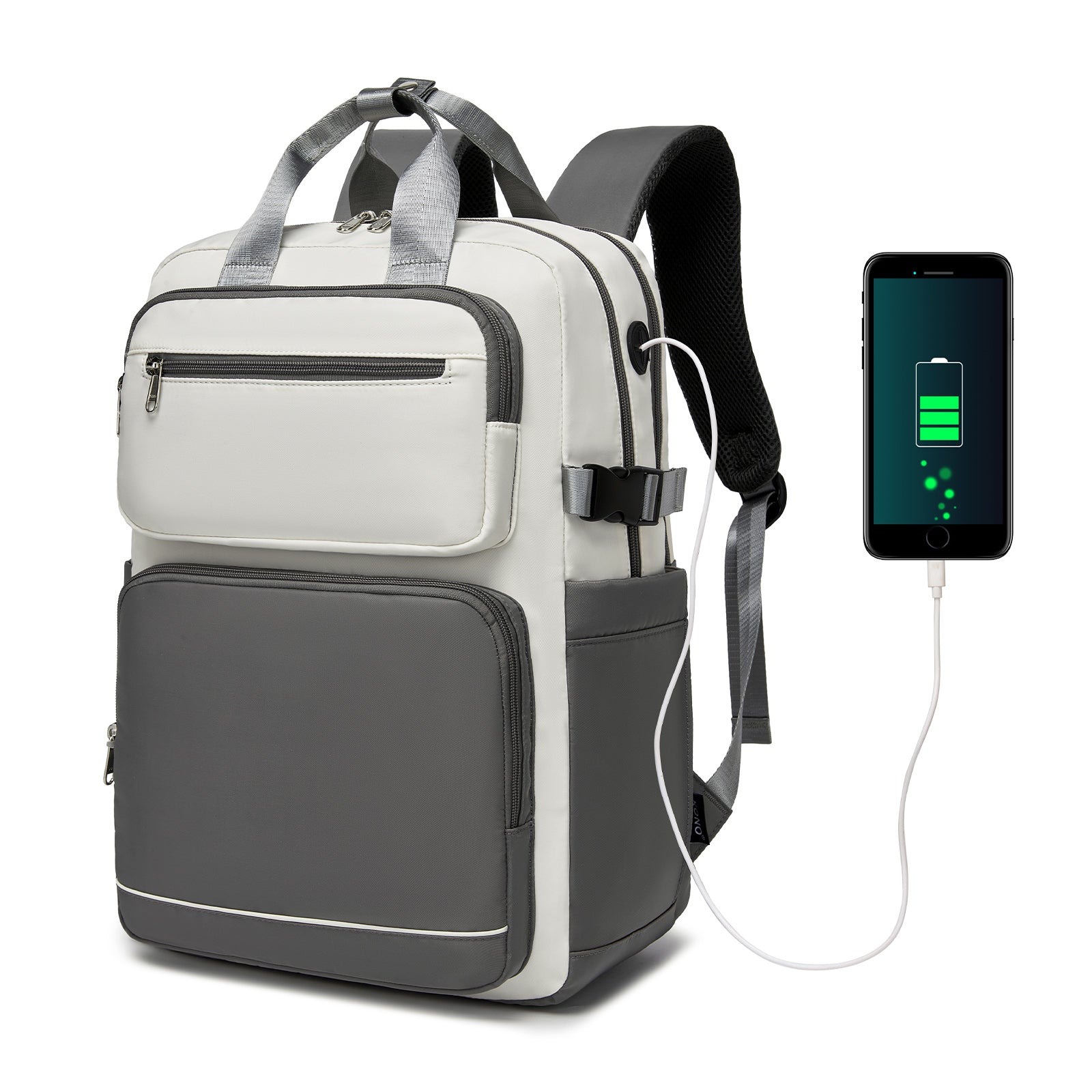 Kono Spacious Water-Resistant Laptop Backpack for Travel & Commuting - 15.6" Padded Laptop Compartment, Reflective Strip - Beige and Grey