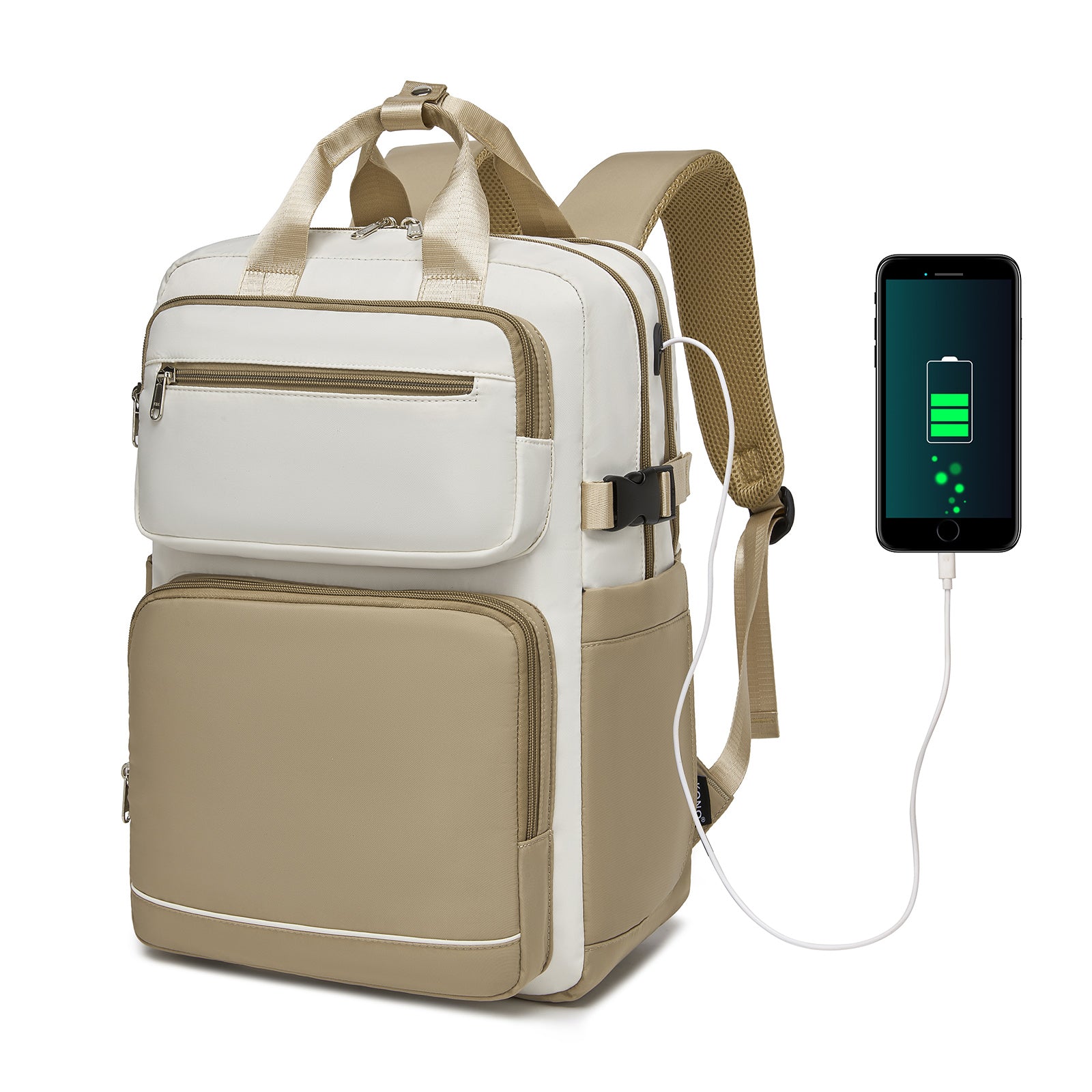 Kono Spacious Water-Resistant Laptop Backpack for Travel & Commuting - 15.6" Padded Laptop Compartment, Reflective Strip - Beige and Khaki