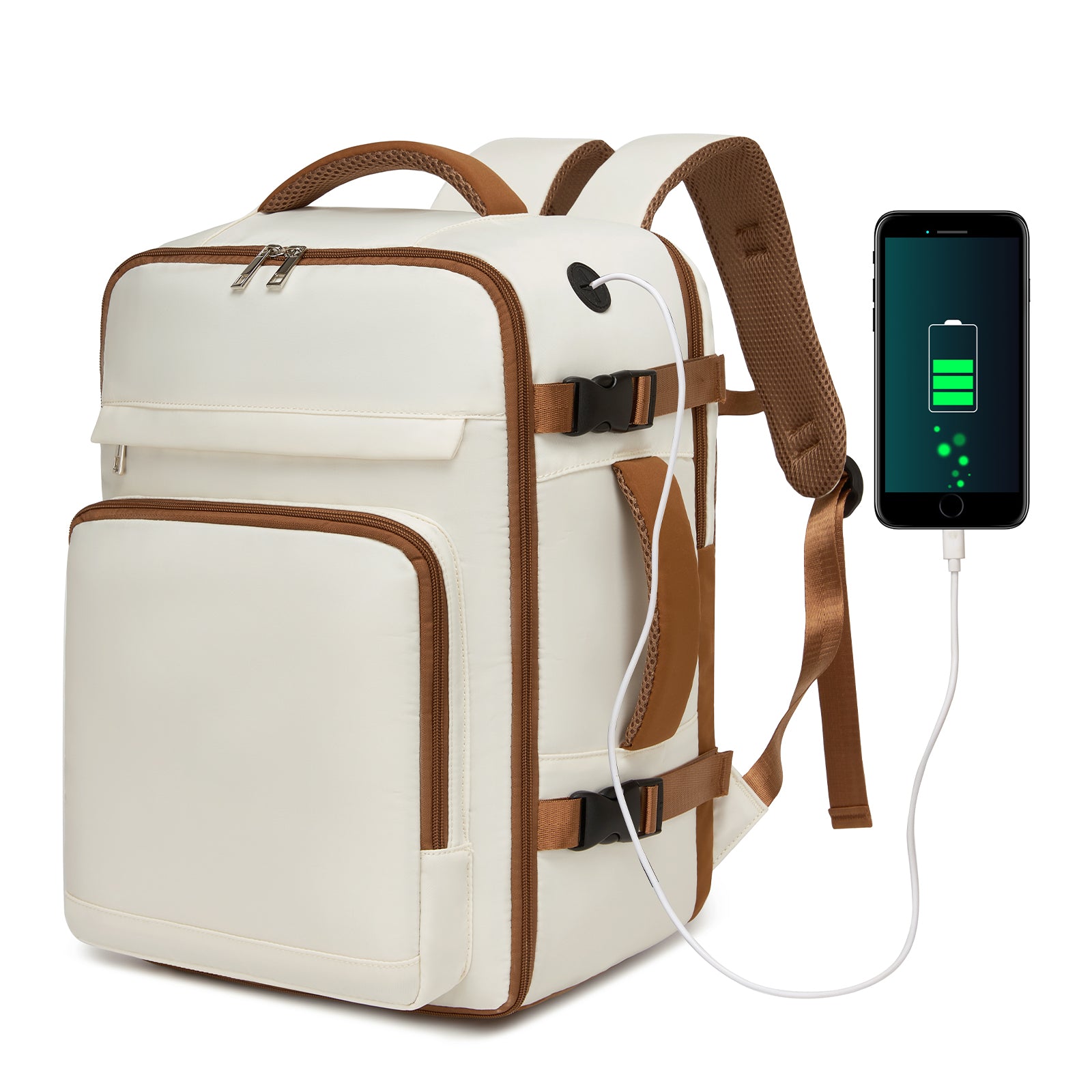 Kono Cabin Travel Backpack 40×20×30?cm – Water-Resistant, Multi-Compartment, Padded Laptop, Anti-Theft, Carry-On Tote - Beige and Brown
