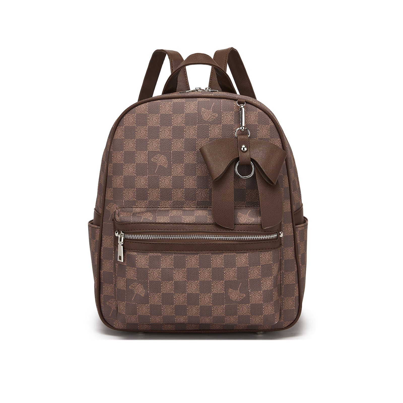 Miss Lulu Checked PVC Backpack with Detachable Bow, Casual Women’s Daypack for School, Travel & Daily Use - Brown