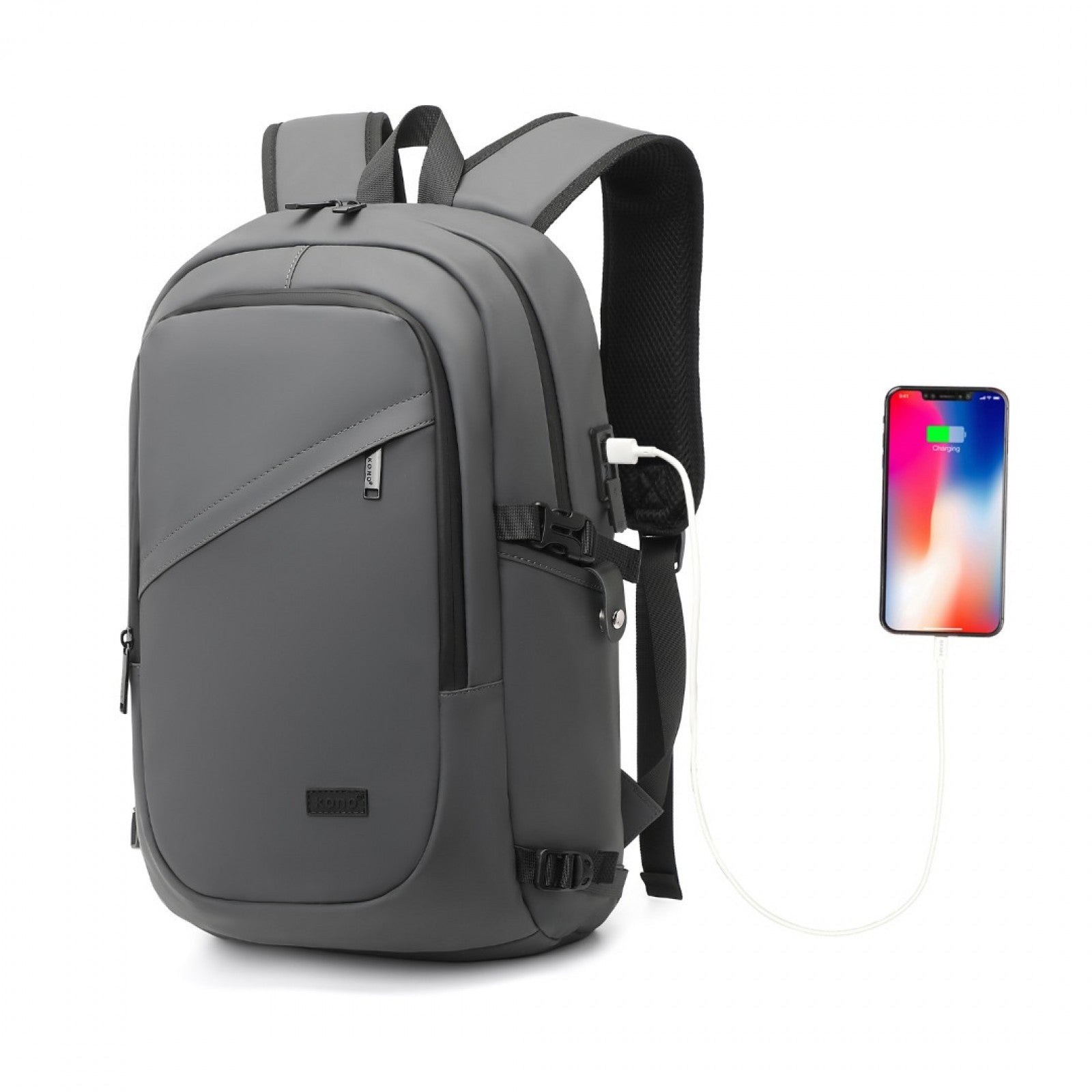 Kono PVC Coated Water-Resistant Tech Backpack With USB Charging Port - Grey