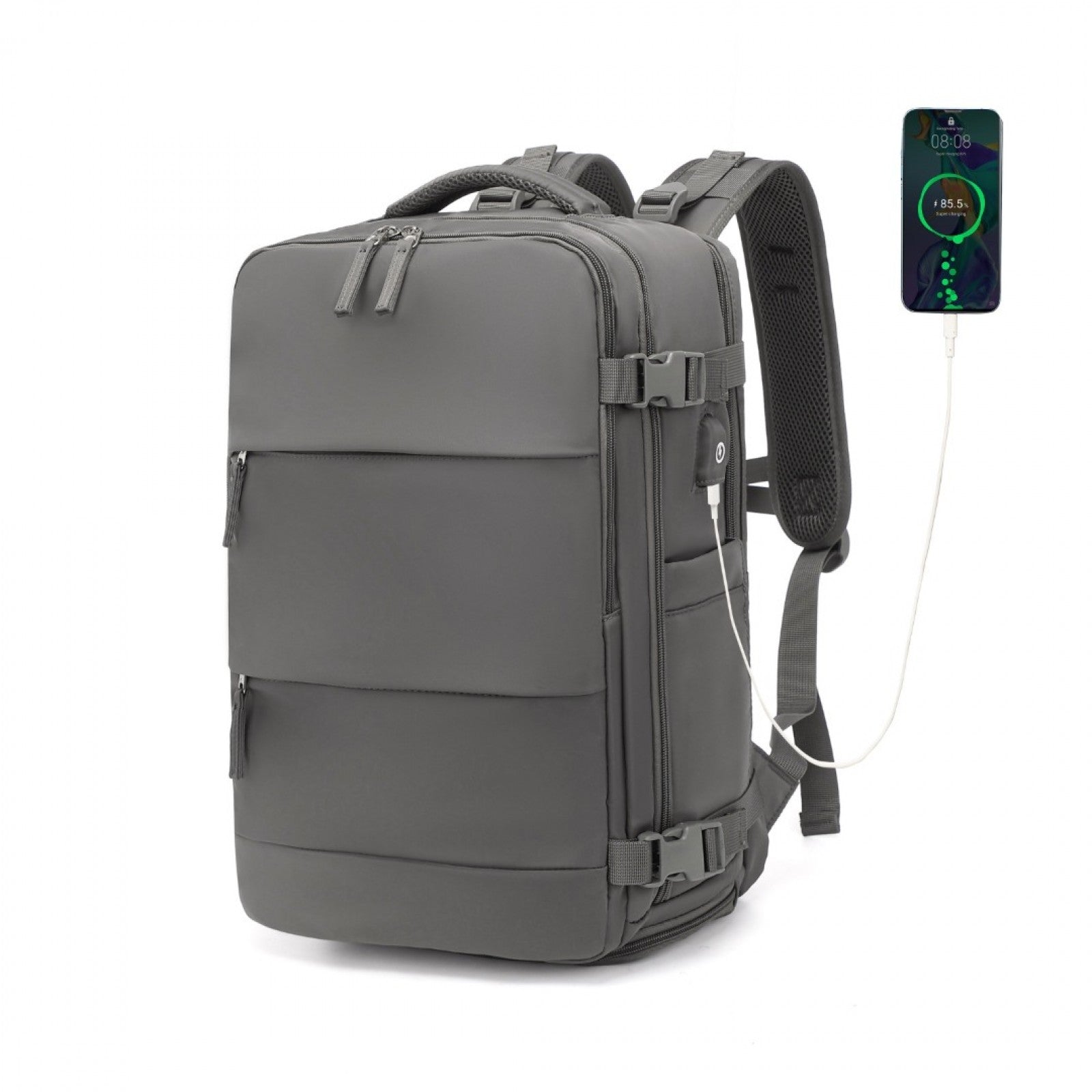 Kono Multi-Functional Breathable Travel Backpack With USB Charging Port And Separate Shoe Compartment - Grey