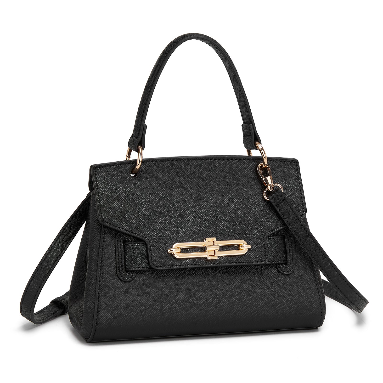 Miss Lulu Elegant Structured PU Top-Handle Mini Satchel–Twist-Lock Flap and Detachable Handle - Black