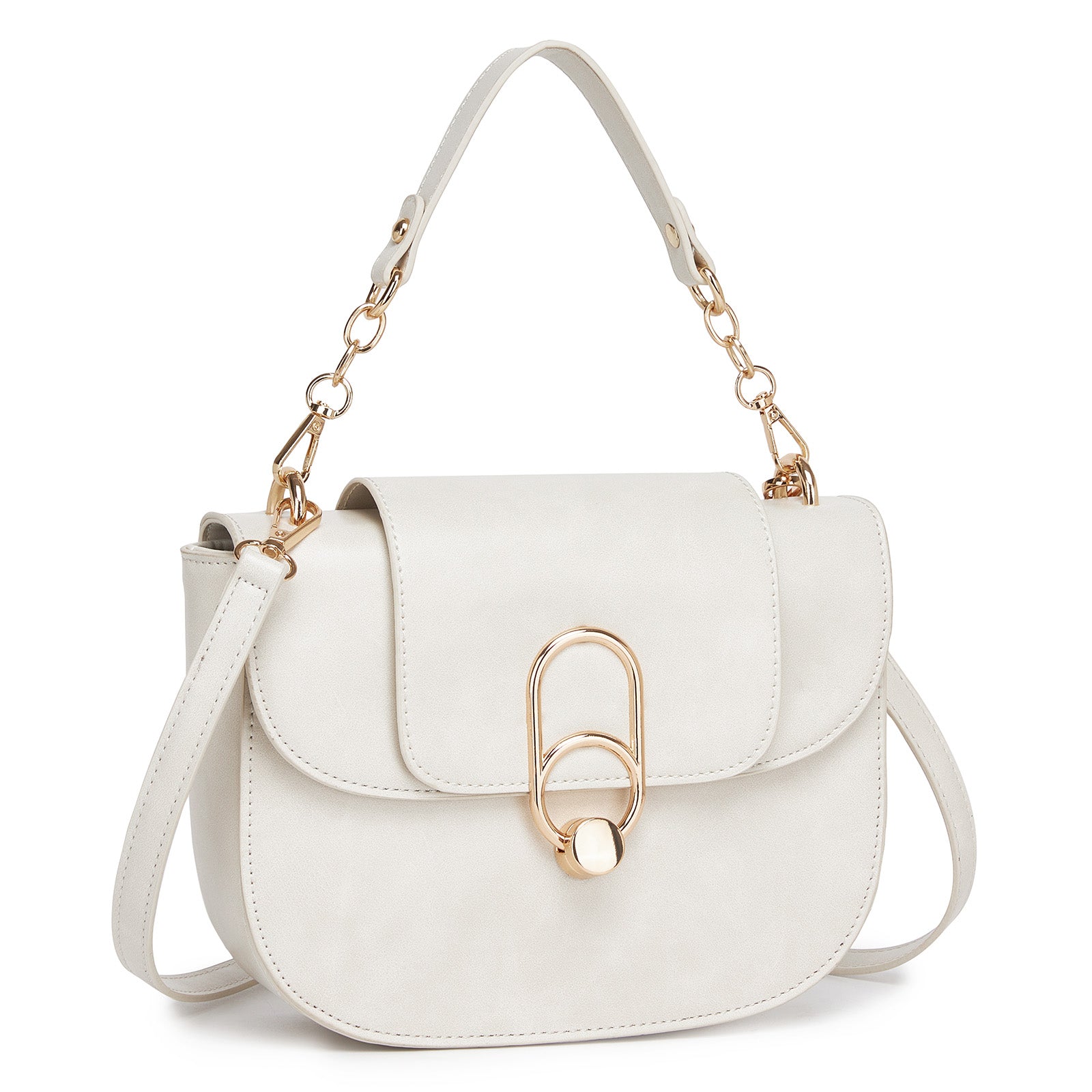 Miss Lulu Stylish PU Saddle Bag with Chain-Accent Top Handle & Adjustable Strap - Beige