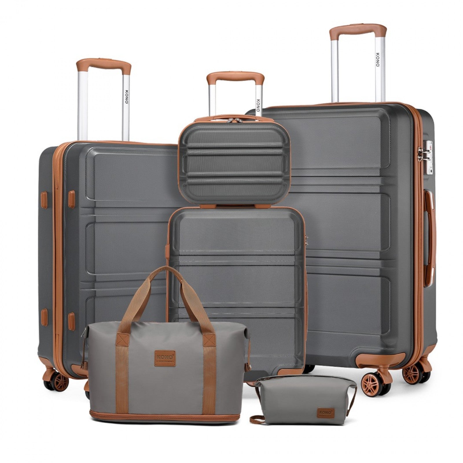 Kono 6 Piece ABS Suitcase Set With 4 Wheel Design Including Vanity Case Weekend Bag And Toiletry Bag - Grey And Brown