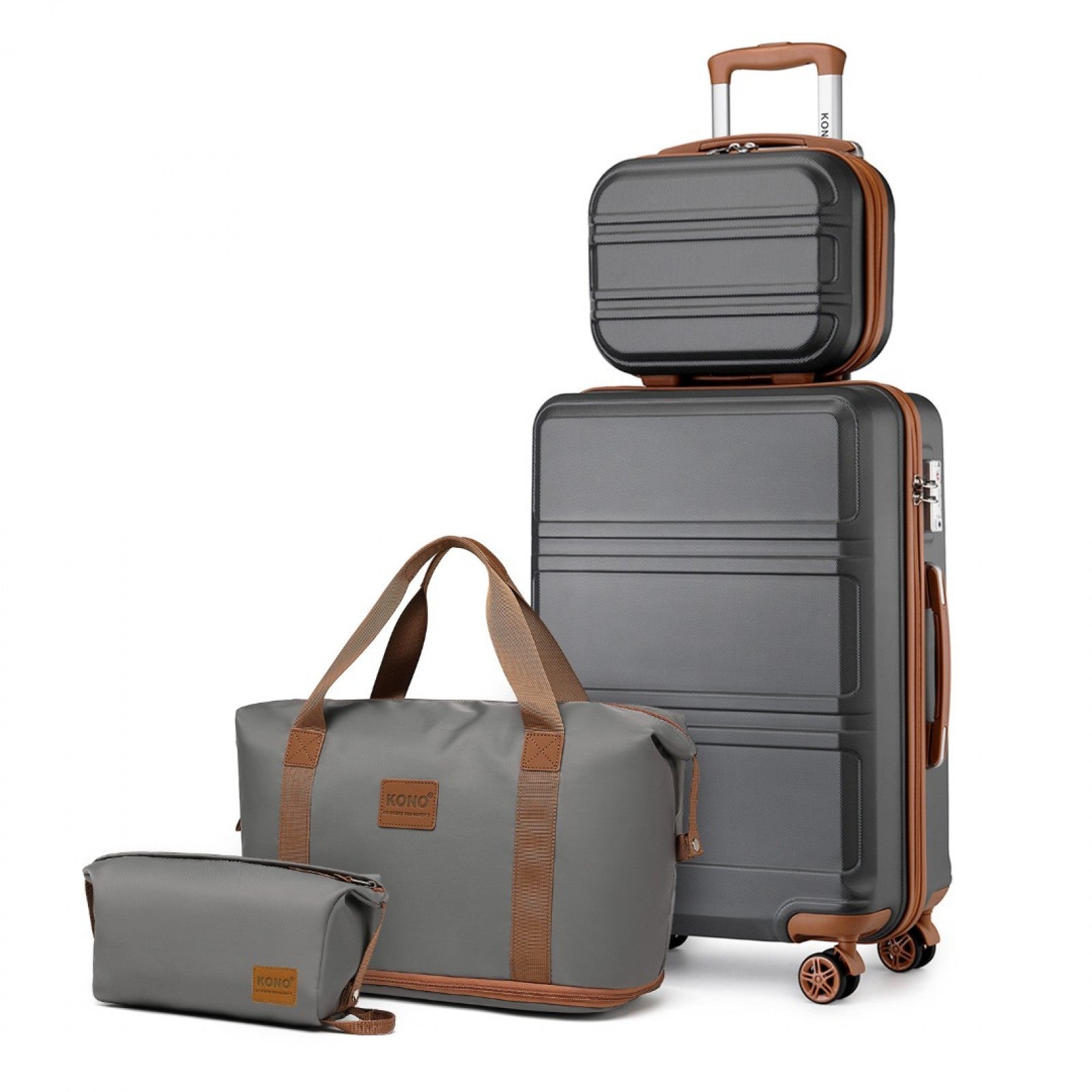 Kono ABS 4 Wheel Suitcase Set With Vanity Case And Weekend Bag And Toiletry Bag - Grey And Brown