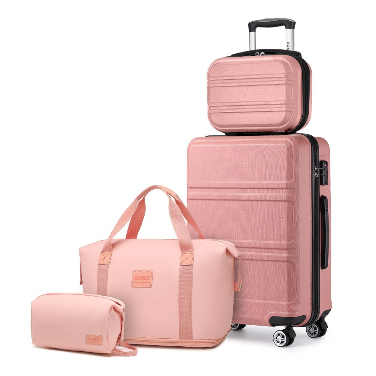 Kono ABS 4 Wheel Suitcase Set With Vanity Case And Weekend Bag And Toiletry Bag - Pink