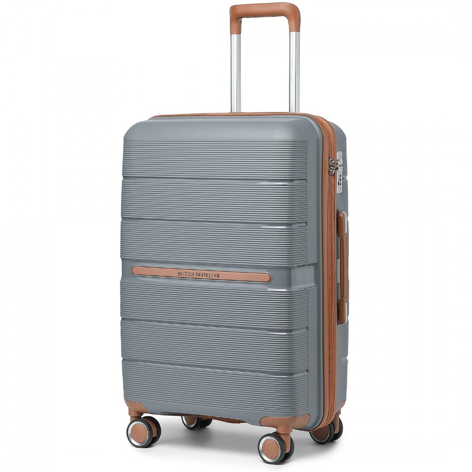 British Traveller 20 Inch Multi-Texture Polypropylene Hard Shell Suitcase With TSA Lock - Grey And Brown