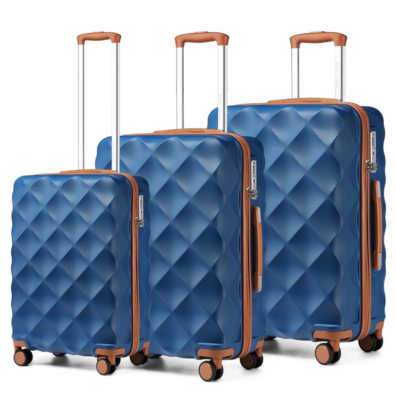 British Traveller Ultralight ABS And Polycarbonate Bumpy Diamond 3 Pcs Luggage Set With TSA Lock - Navy And Brown