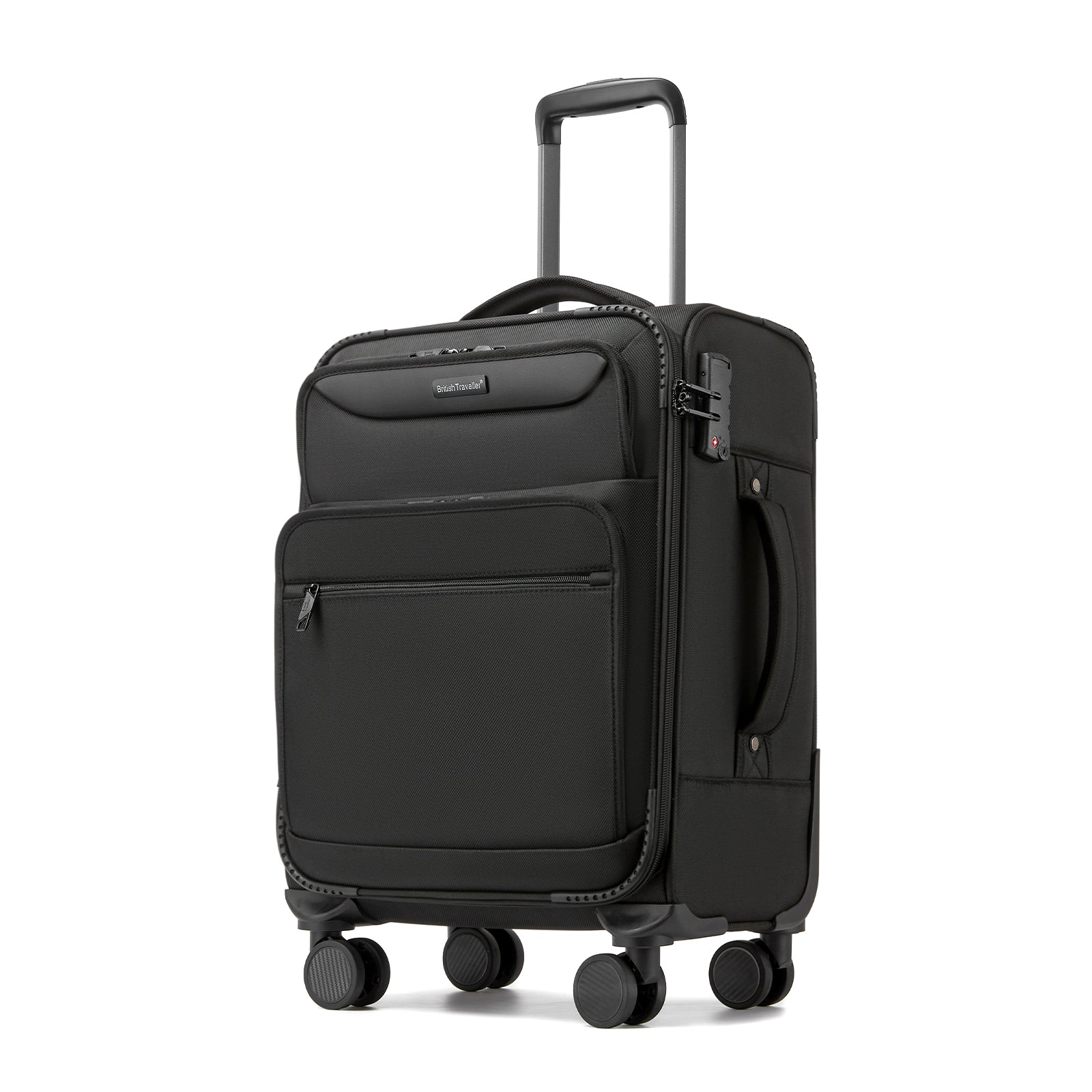 British Traveller 20-Inch Durable Softshell Suitcase with Front Laptop Compartment, TSA Lock & Silent Spinner Wheels - Black