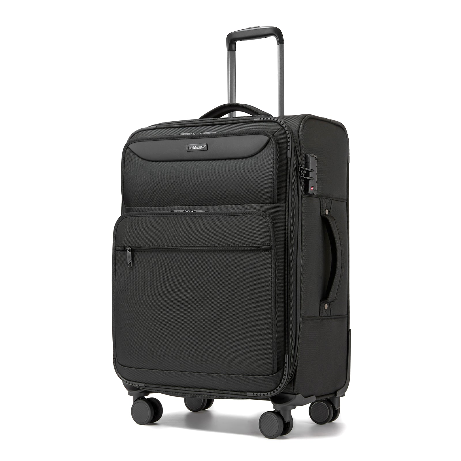 British Traveller 24-Inch Expandable Softshell Suitcase with TSA Lock, Silent Spinner Wheels & Laptop Compartment - Black