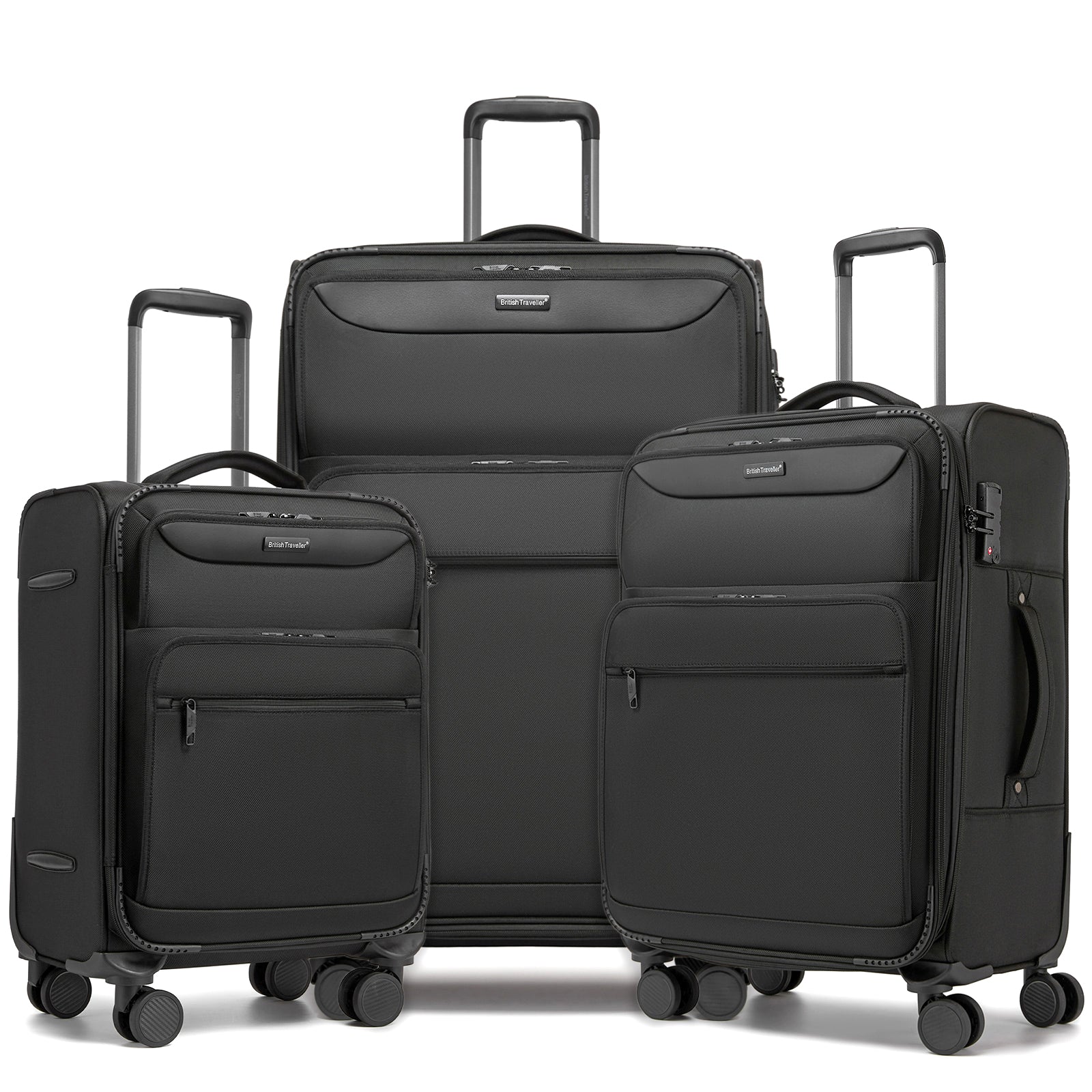British Traveller Durable Softshell Suitcase 3-Piece Luggage Set (20/24/28 Inch) with Laptop Compartment - Black