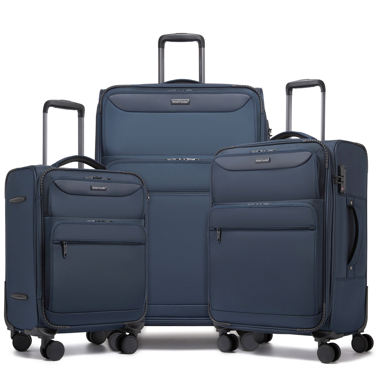 British Traveller Durable Softshell Suitcase 3-Piece Luggage Set (20/24/28 Inch) with Laptop Compartment - Navy
