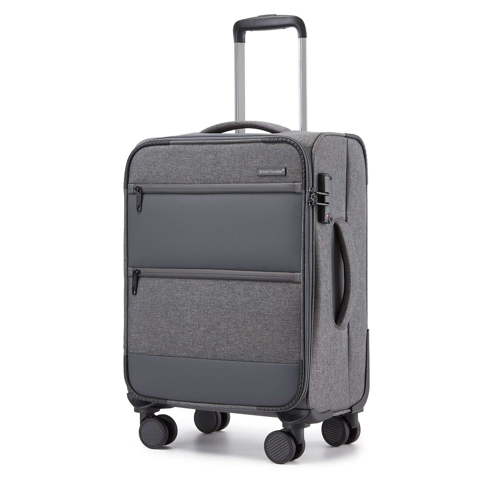 British Traveller Sleek Tough 20 Inch Travel Soft-Shell Suitcase with Silent TPE Spinners, TSA Security and Laptop Sleeve - Grey