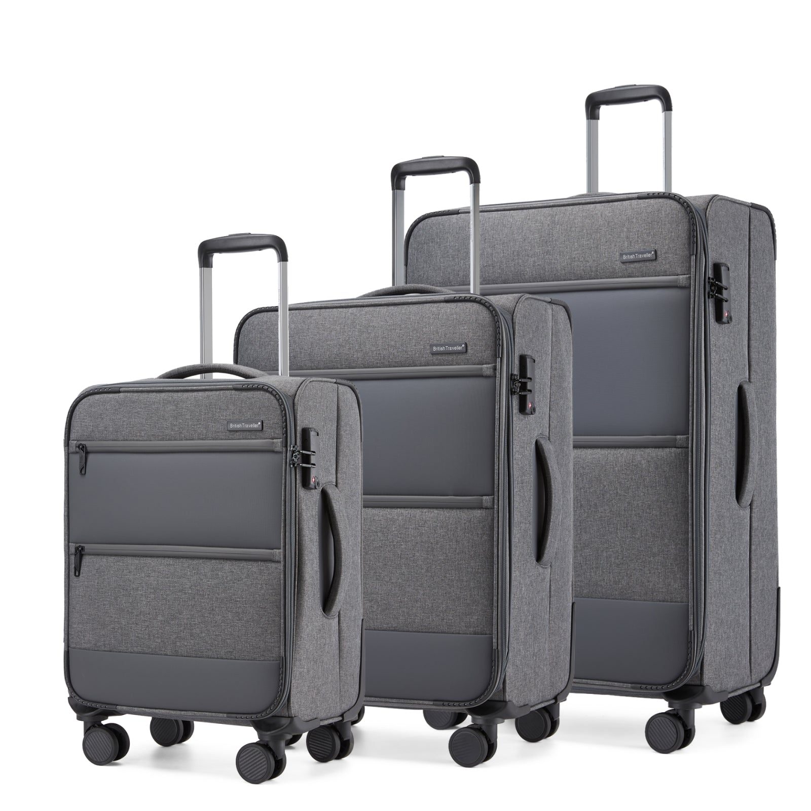 British Traveller Sleek Tough 3-Piece Travel Soft-Shell Suitcase with Silent TPE Spinners, TSA Security and Expandable Checked Sizes - Grey
