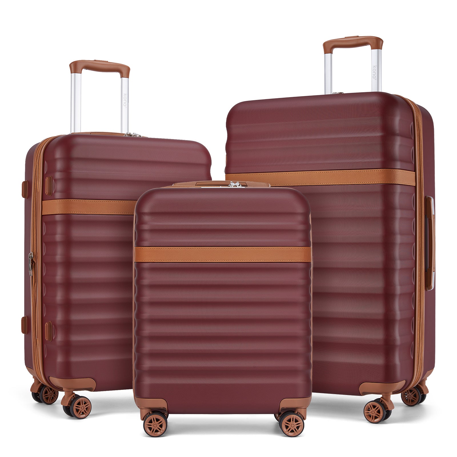 Kono 3-Piece Expandable Luggage Set 20"/24"/28" Durable Hard Shell ABS+PC Suitcases with TSA Lock for Secure Travel - Burgundy and Brown