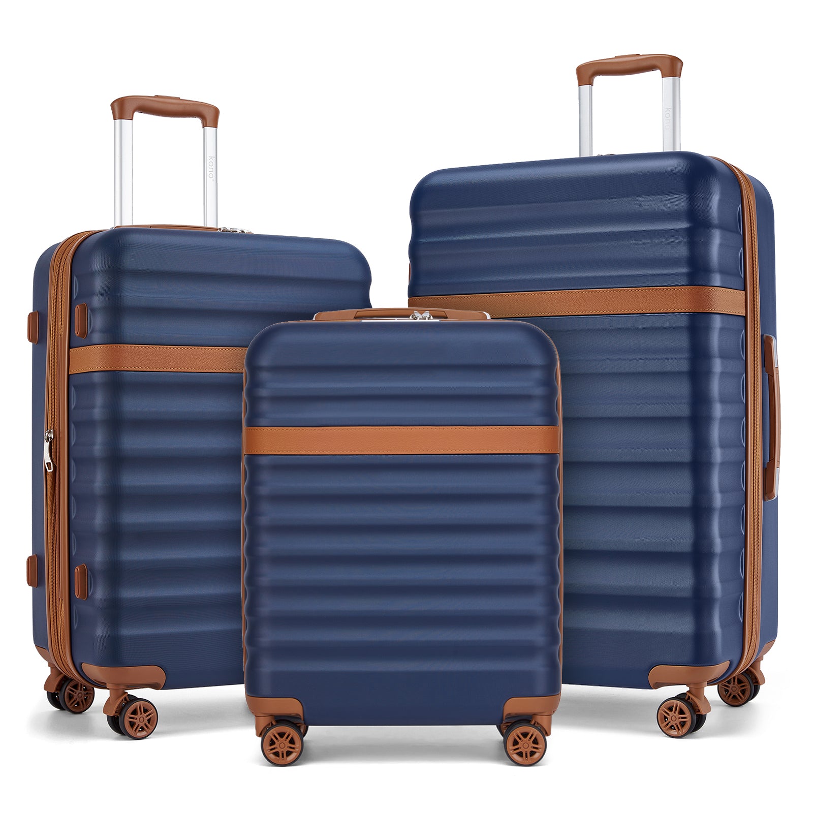 Kono 3-Piece Expandable Luggage Set 20"/24"/28" Durable Hard Shell ABS+PC Suitcases with TSA Lock for Secure Travel - Navy and Brown