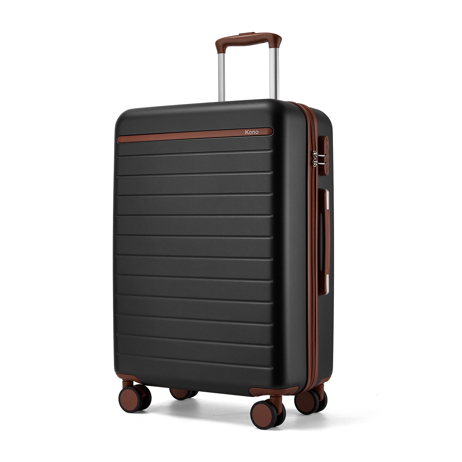 Kono Scratch-Resistant 24-Inch Hard Shell Medium Check-In Suitcase with Horizontal Stripe Design, Brown Accents & Spinner Wheels - Black and Brown