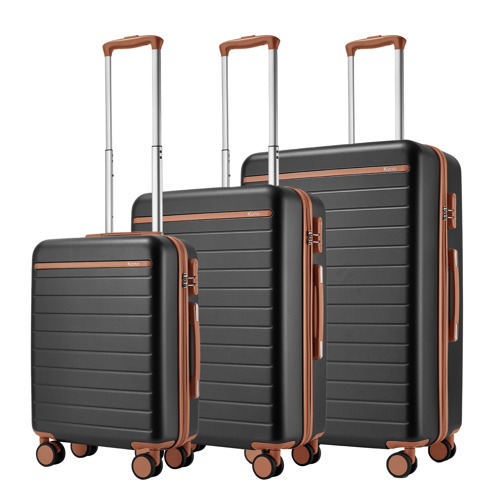 Kono Scratch-Resistant 3-Piece Hard Shell Luggage Set with Horizontal Stripe Design, Brown Accents & Spinner Wheels - Grey and Brown