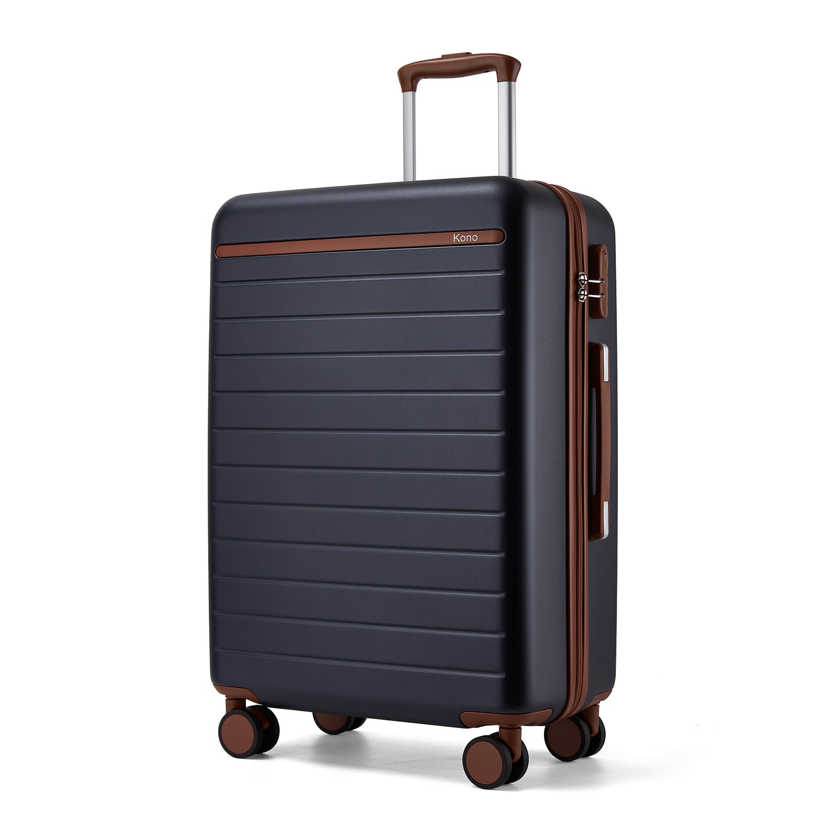 Kono Scratch-Resistant 24-Inch Hard Shell Medium Check-In Suitcase with Horizontal Stripe Design, Brown Accents & Spinner Wheels - Navy and Brown