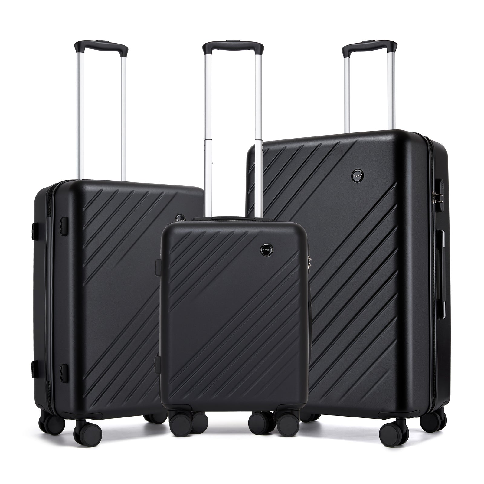 Kono ABS+PC Hard Shell 3 Piece Luggage Set (20/24/28 Inch) with Diagonal Strap, Silent Wheels & Complete Travel Solution - Black