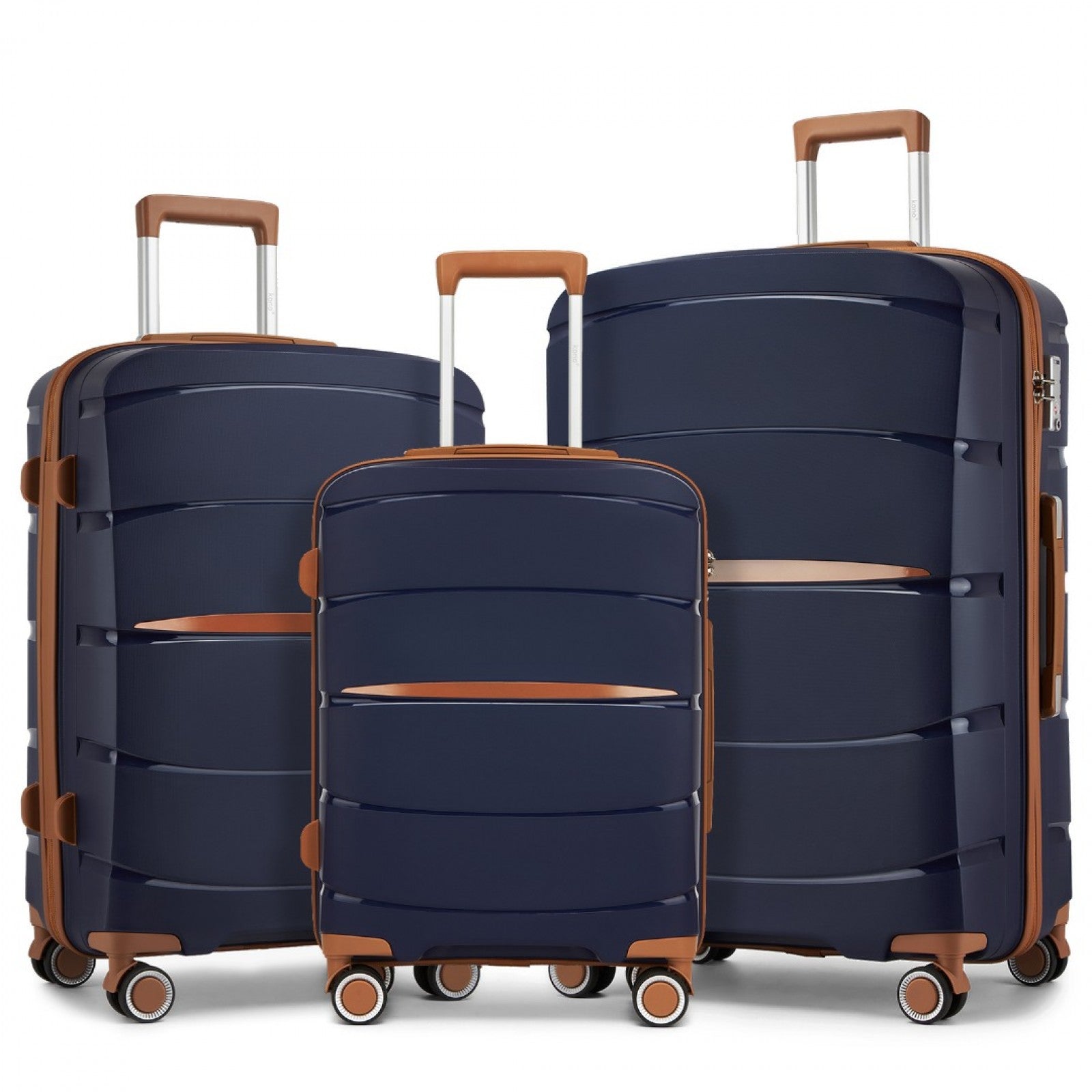 Kono 20/24/28 inch PP Modern Scratch-Resistant Suitcase Set with TSA Lock & Stylish Brown Accents - Navy and Brown