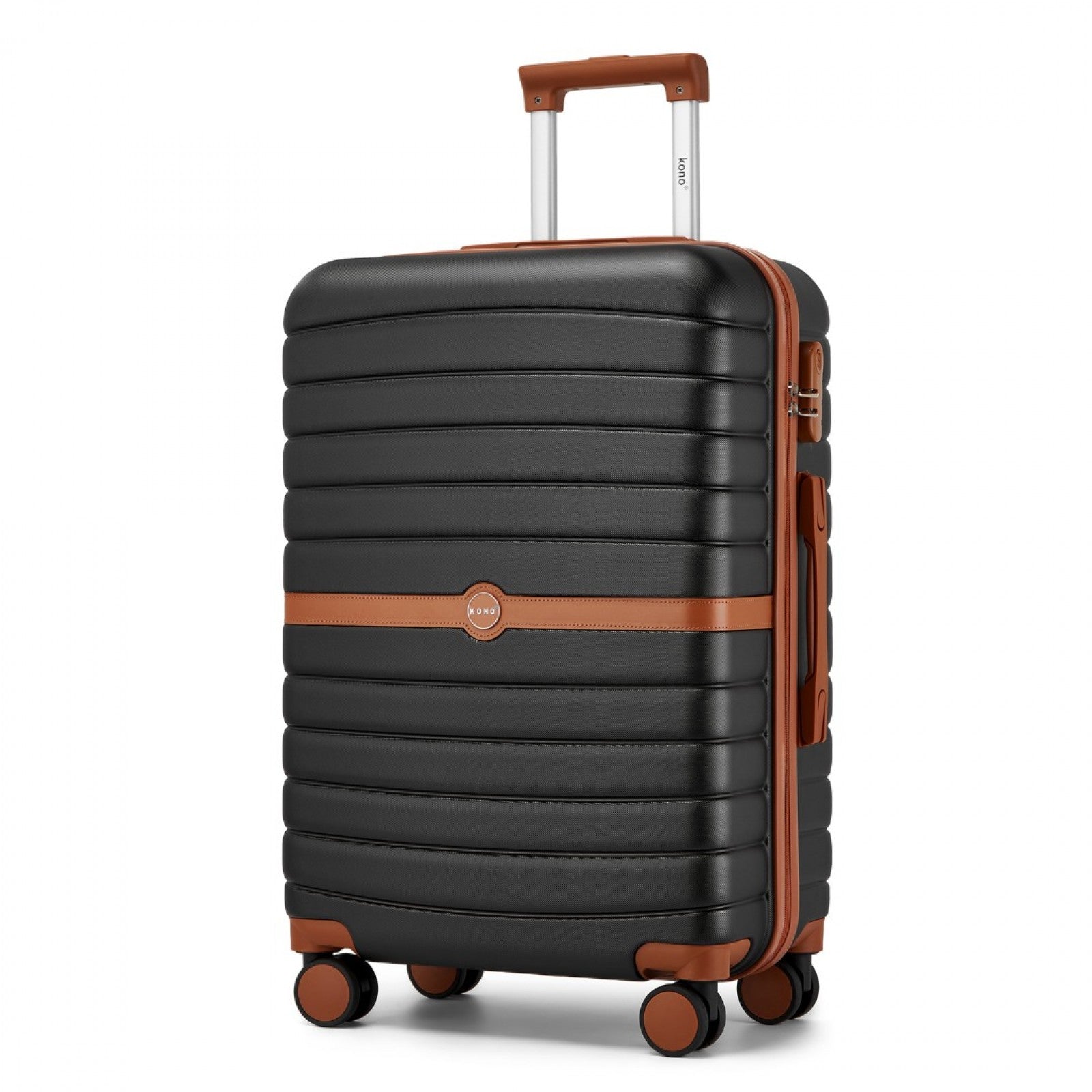 Kono ABS+PC 24-Inch Striped Design with Colour-Block Details Medium Suitcase with Spinner Silent Wheels - Black and Brown