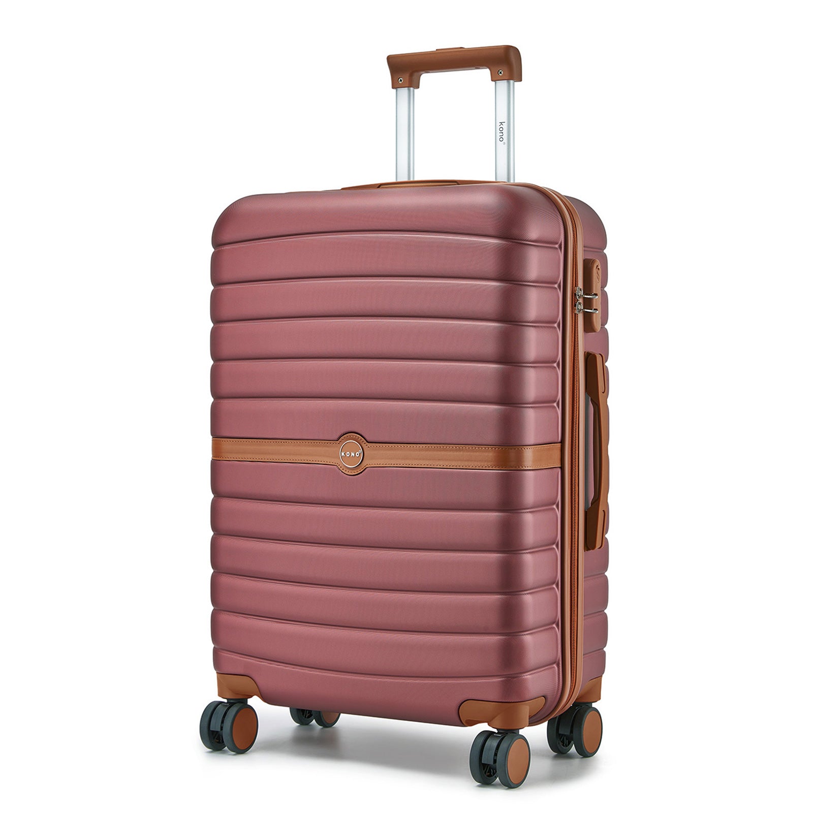 Kono ABS+PC 24-Inch Striped Design with Colour-Block Details Medium Suitcase with Spinner Silent Wheels - Burgundy and Brown