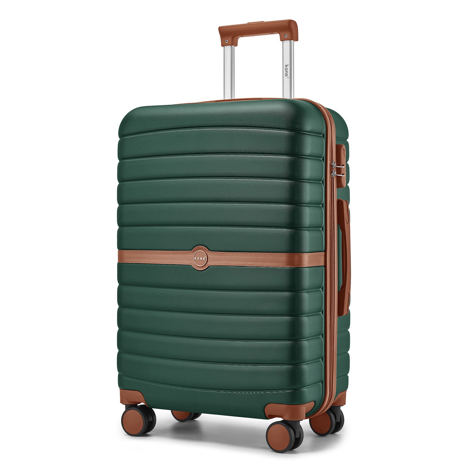 Kono ABS+PC 24-Inch Striped Design with Colour-Block Details Medium Suitcase with Spinner Silent Wheels - Dark Green and Brown