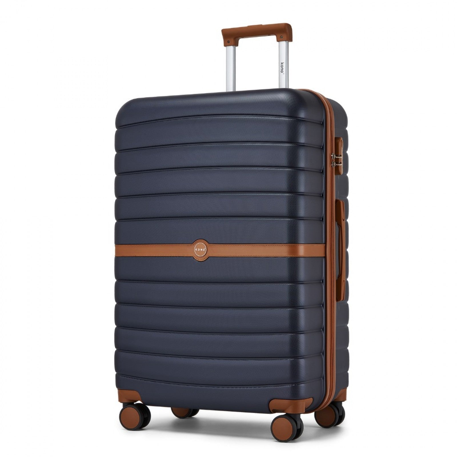 Kono ABS+PC 28-Inch Striped Design with Colour-Block Details Large Checked Luggage for Longer Travels - Navy and Brown