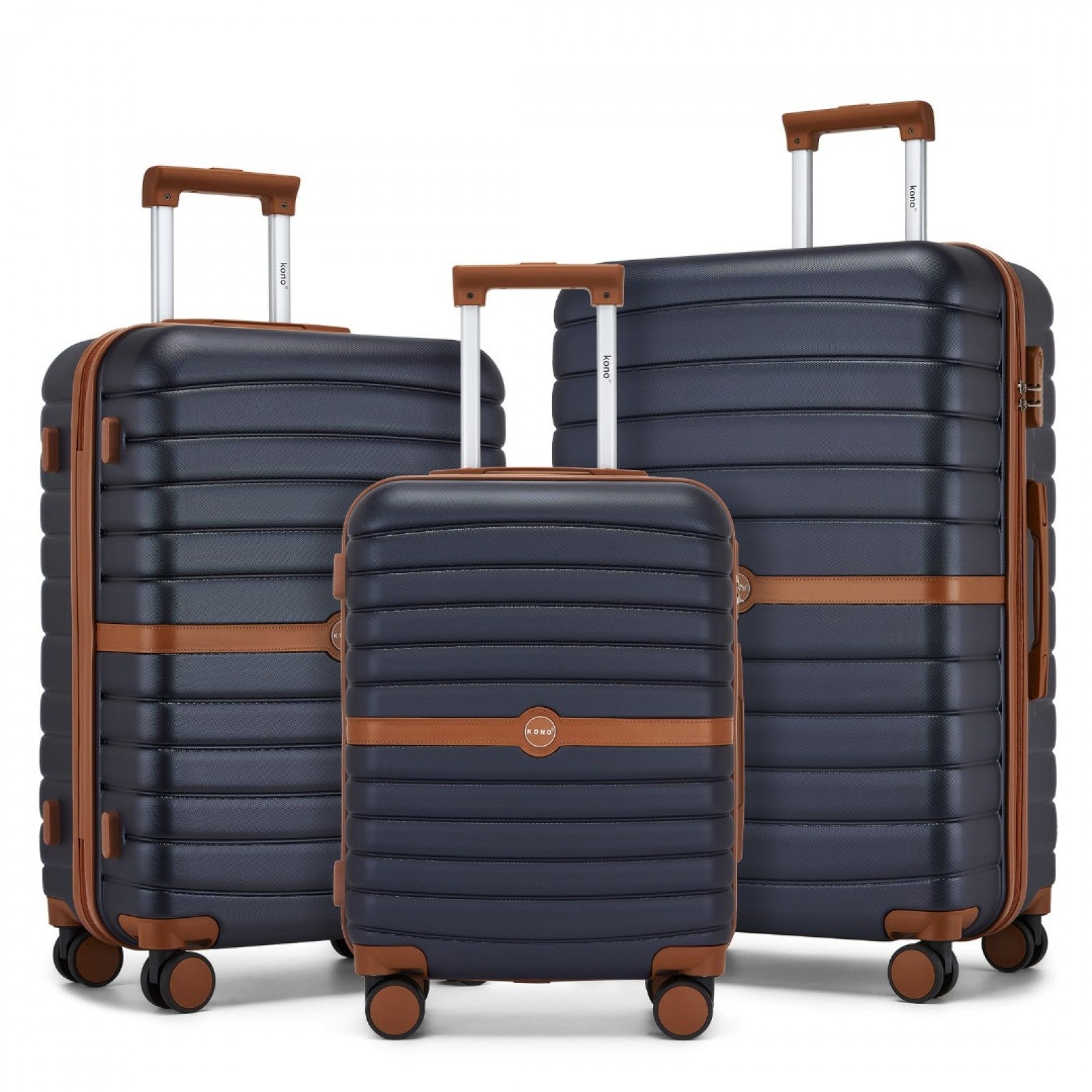 Kono ABS+PC Striped Design with Colour-Block Details 3-Piece Hardshell Luggage Set with Spinner Wheels - Navy and Brown