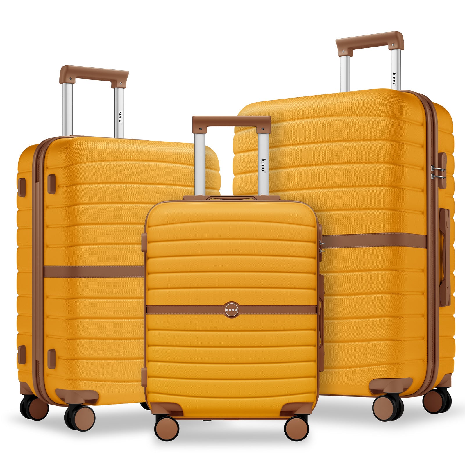 Kono ABS+PC Striped Design with Colour-Block Details 3-Piece Hardshell Luggage Set with Spinner Wheels - Yellow and Brown