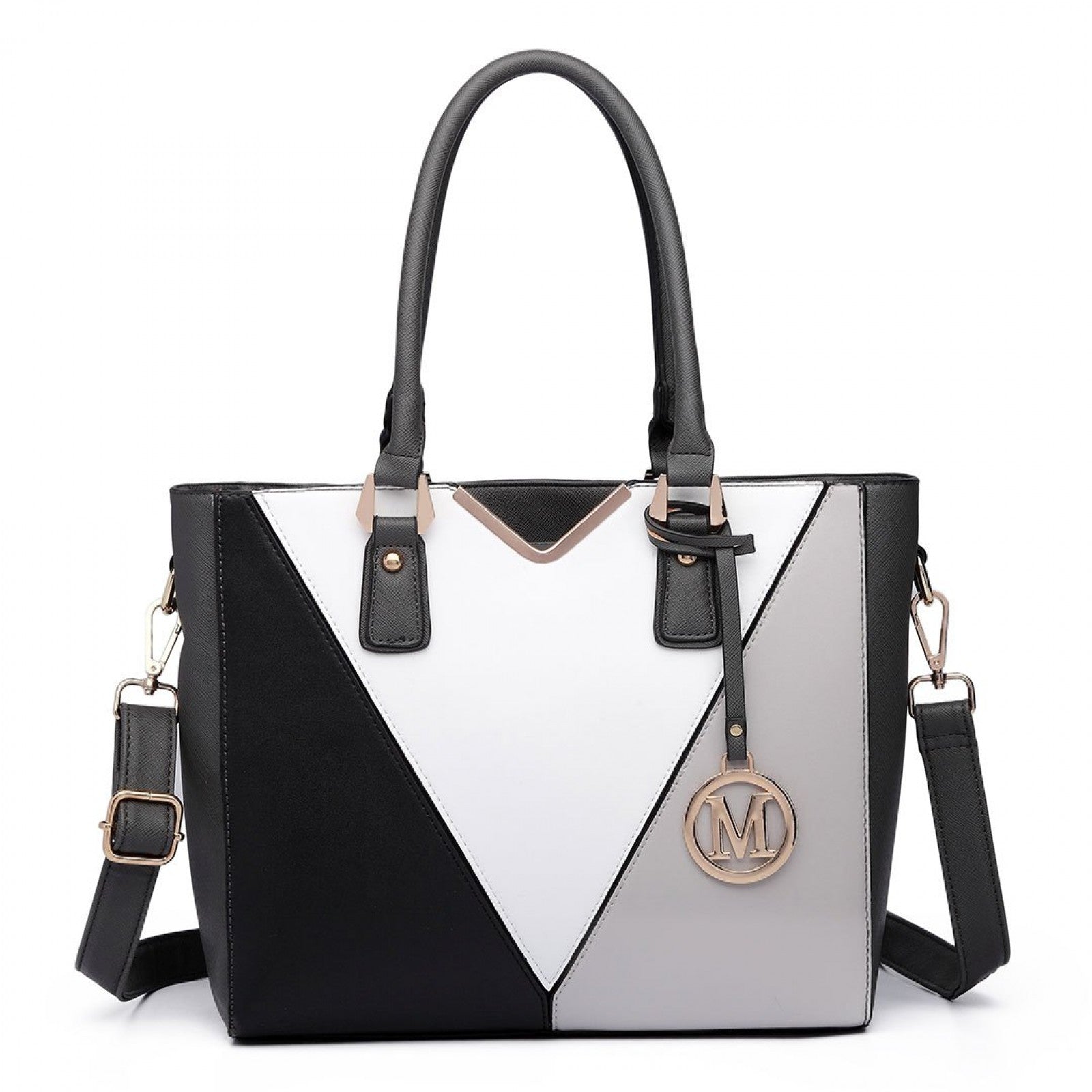 Miss Lulu Leather Look V-Shape Multicolour Tote Bag - Grey