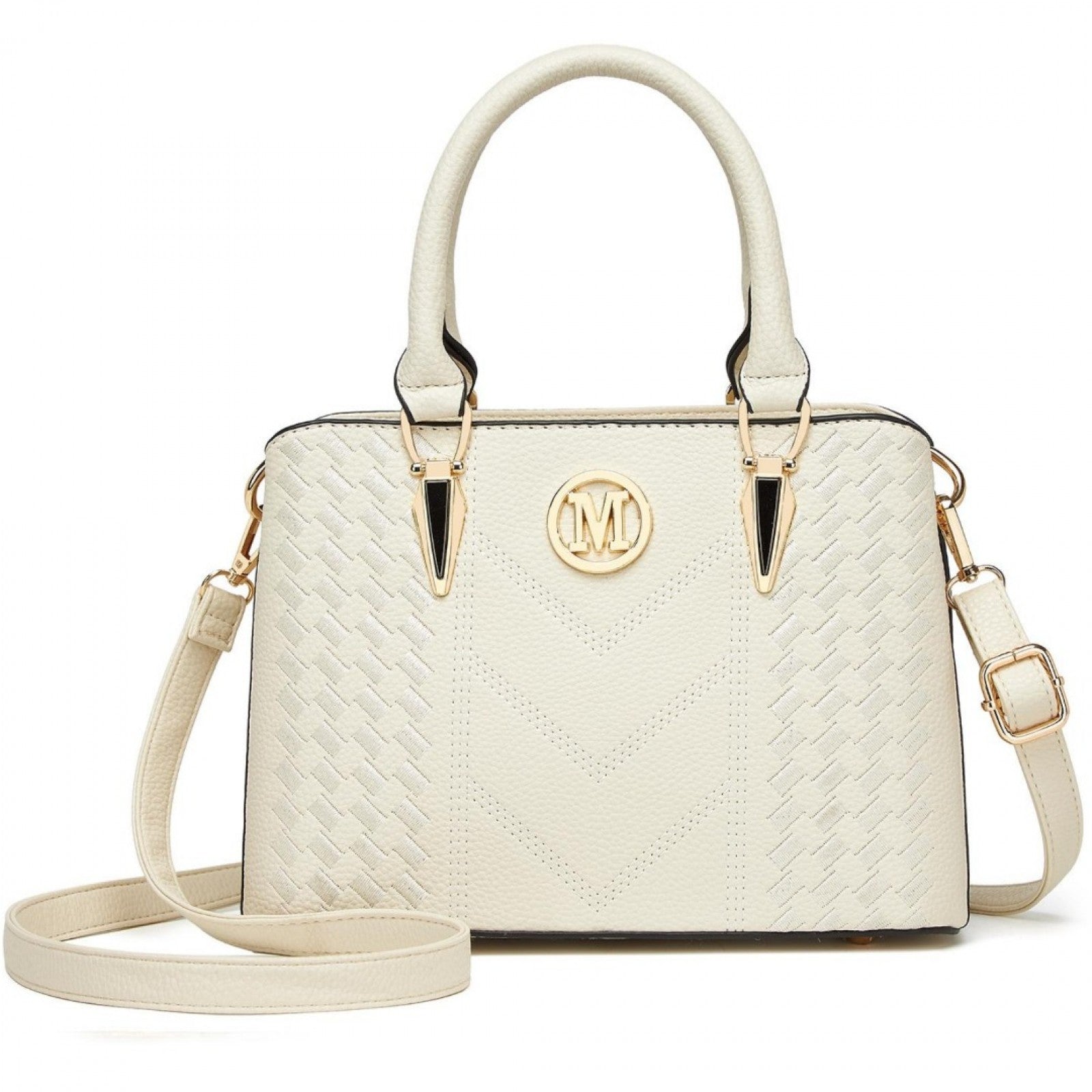 Miss Lulu Leather Look Weave Effect Shoulder Bag - Beige