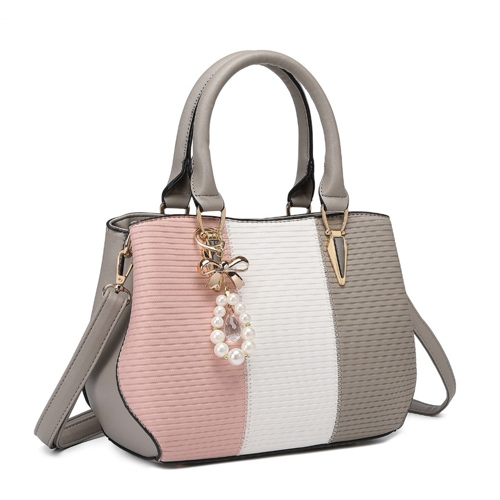 Miss Lulu Leather Look Colour Block Bow Pendant Handbag - Grey