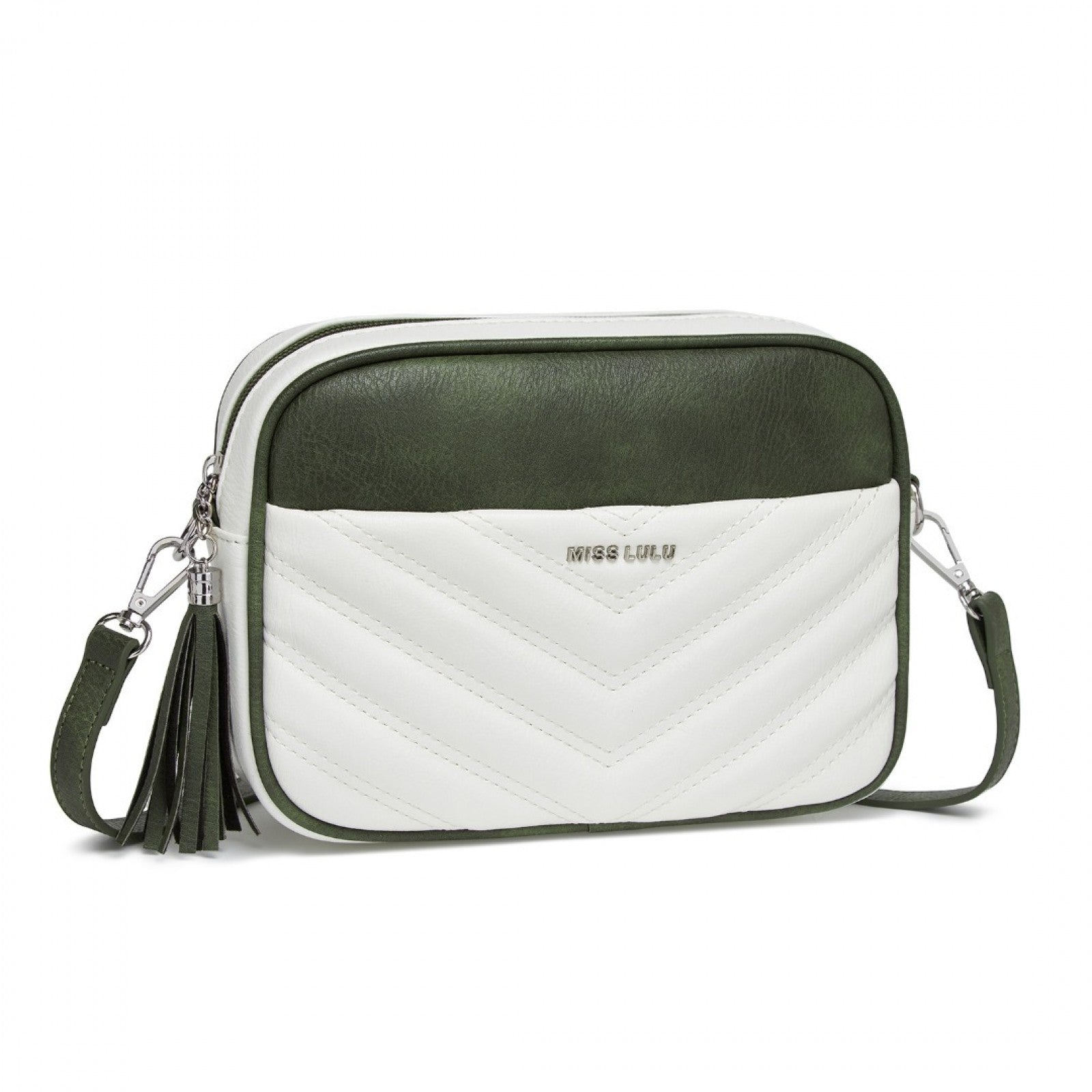 Miss Lulu Minimalist V-Stitch PU Leather Crossbody Bag with Tassel Zip - White And Green