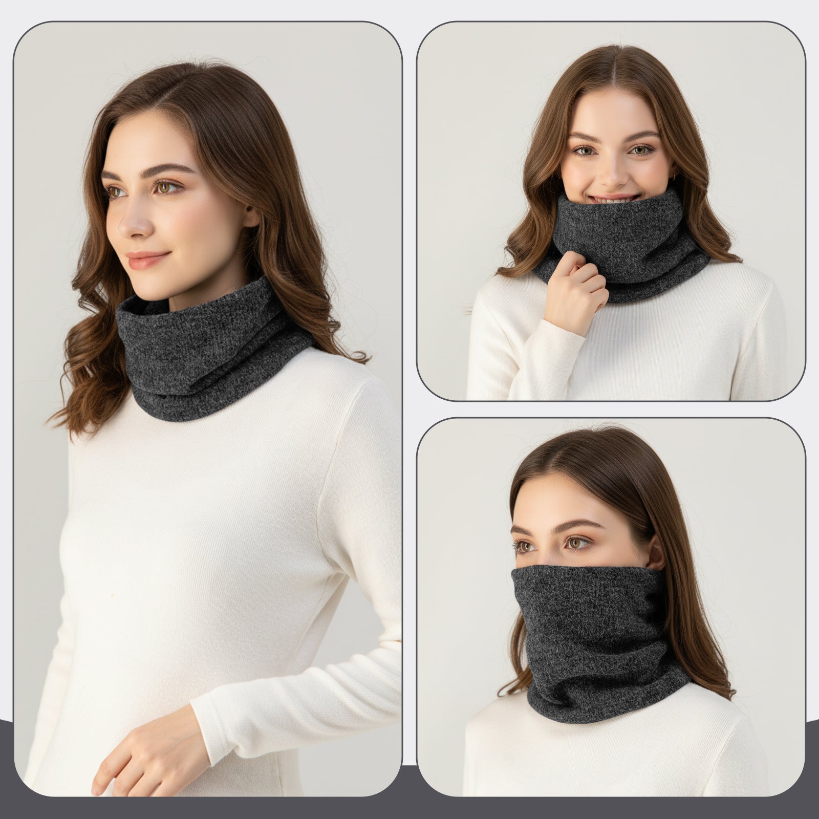 Fleece-Lined Knit Neck Warmer Gaiter–Double-Layer Acrylic & Polyester, Stretchy, Soft, Wind-Resistant, Warm - Dark Grey