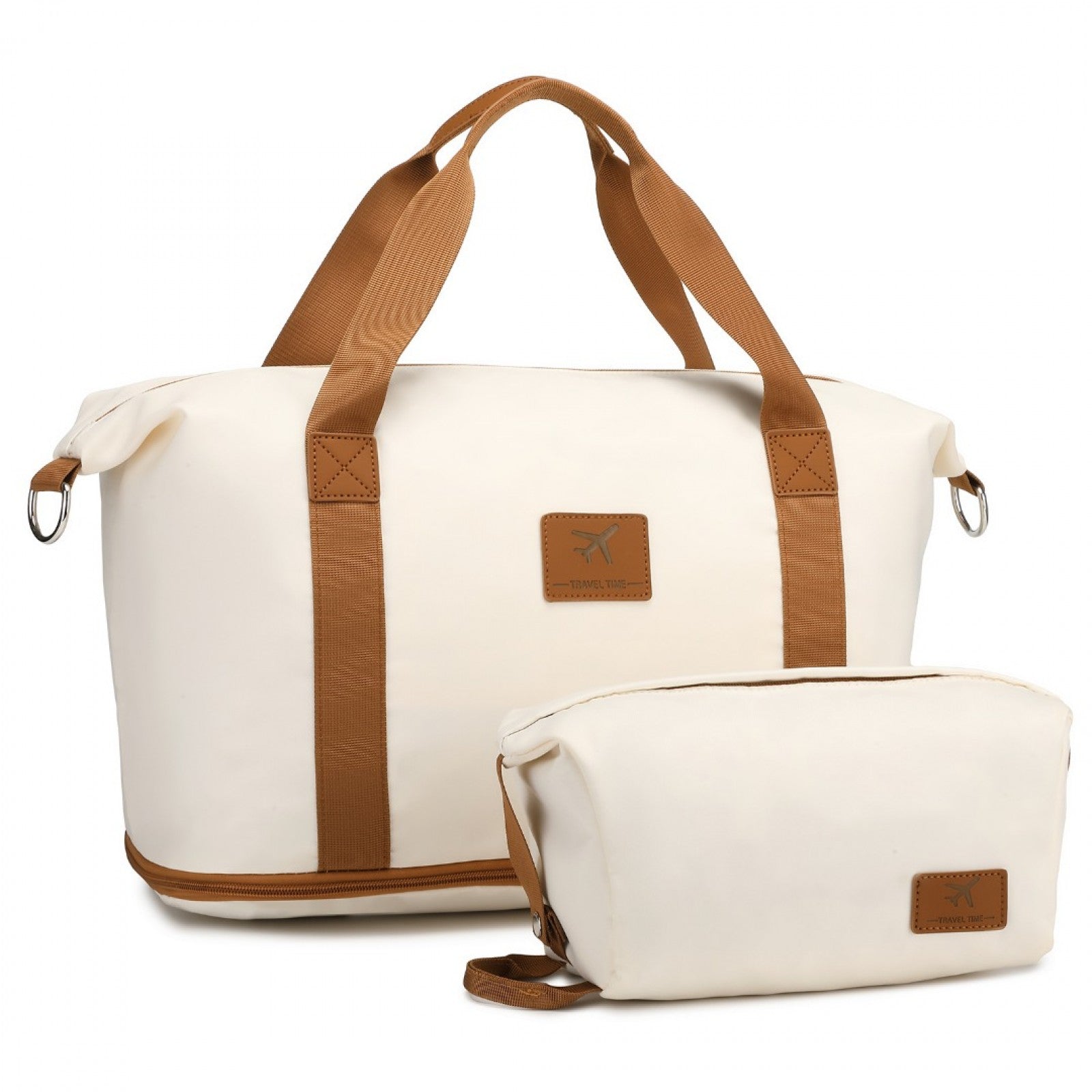 36L Expandable Water-Resistant Travel Tote Set with Cosmetic Pouch Versatile Carry-On Duffel Bag - Beige And Brown