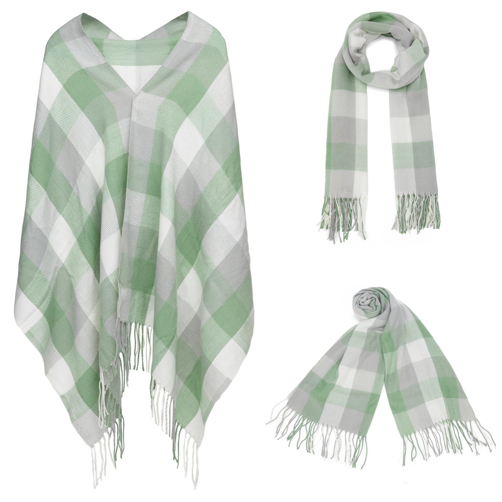 Elegant Color Block Scarf with Fringe Detailing – Versatile Oversized Design - Light Green