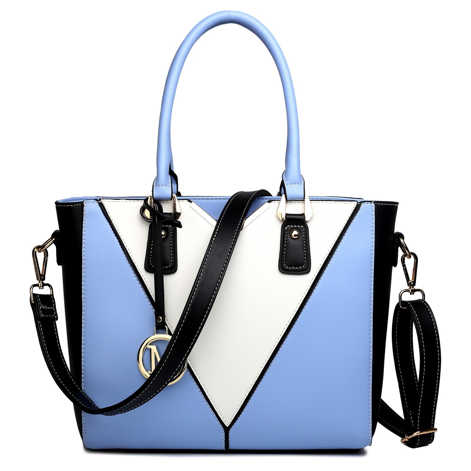 Miss Lulu Leather Look V-Shape Shoulder Handbag - Blue