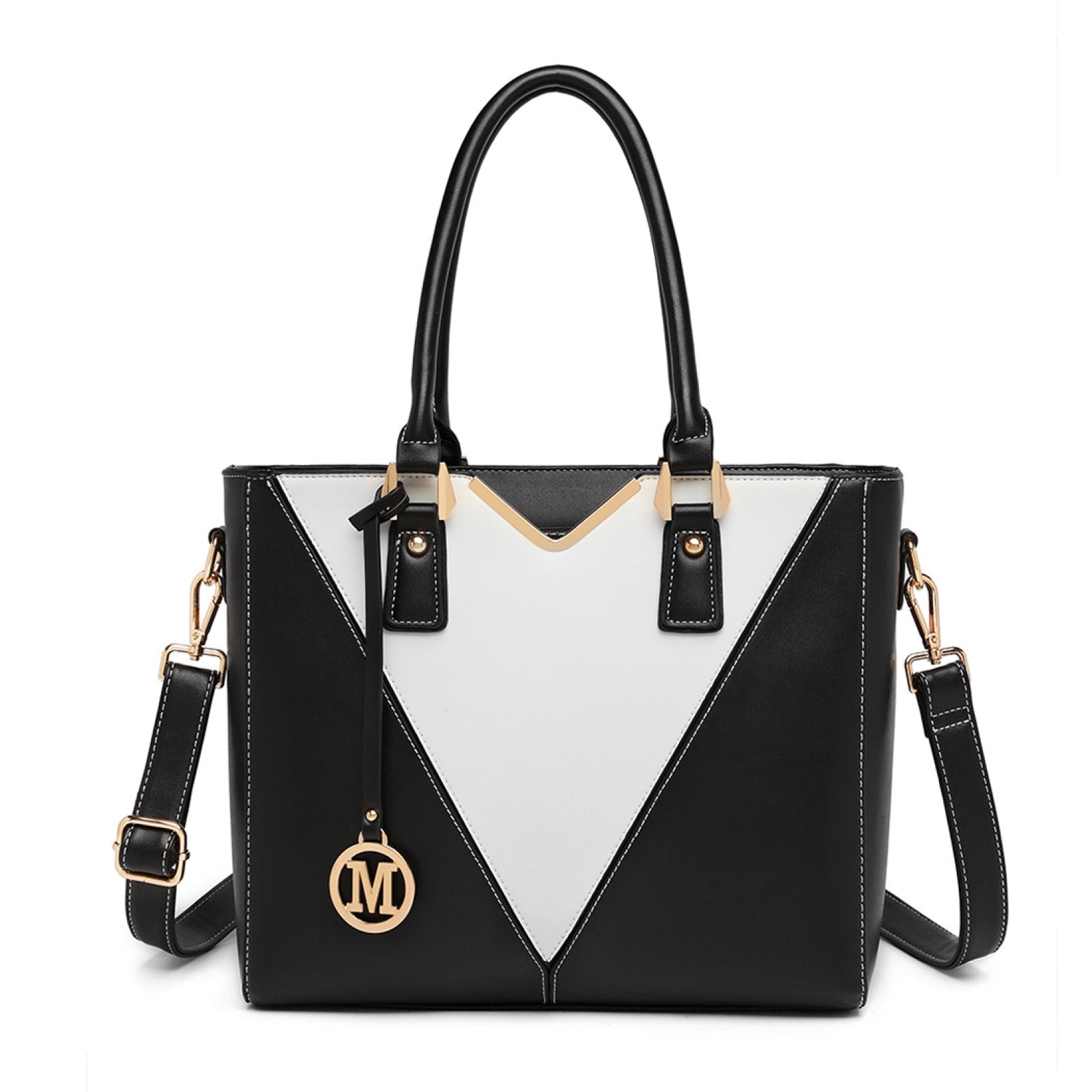Miss Lulu Leather Look V-Shape Shoulder Handbag - Black