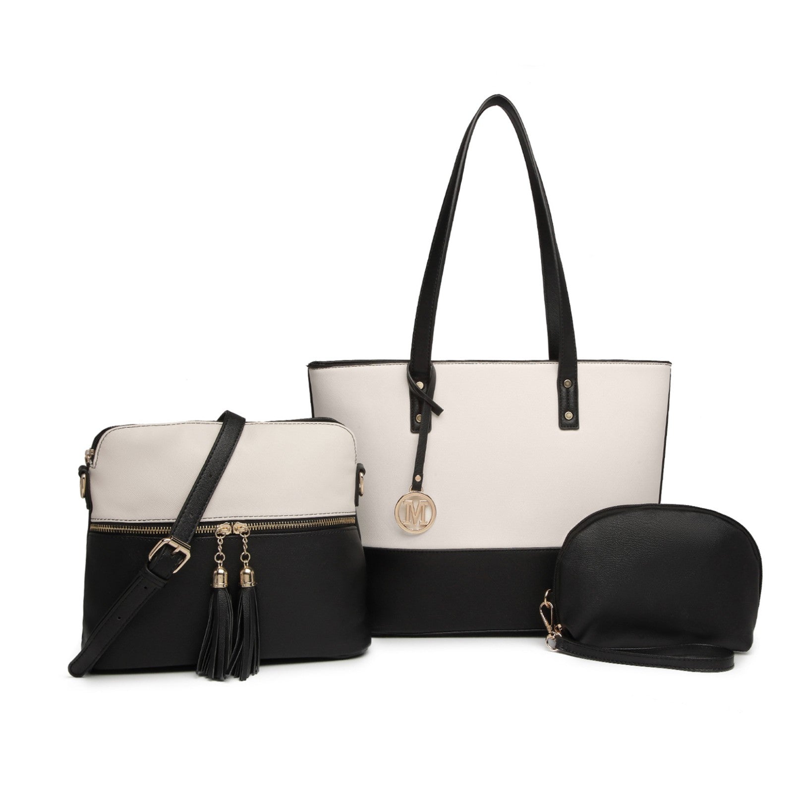 Miss Lulu Elegant 3-Piece Leather Look Tote Bag Set - Versatile & Chic for Every Occasion - Black And Beige