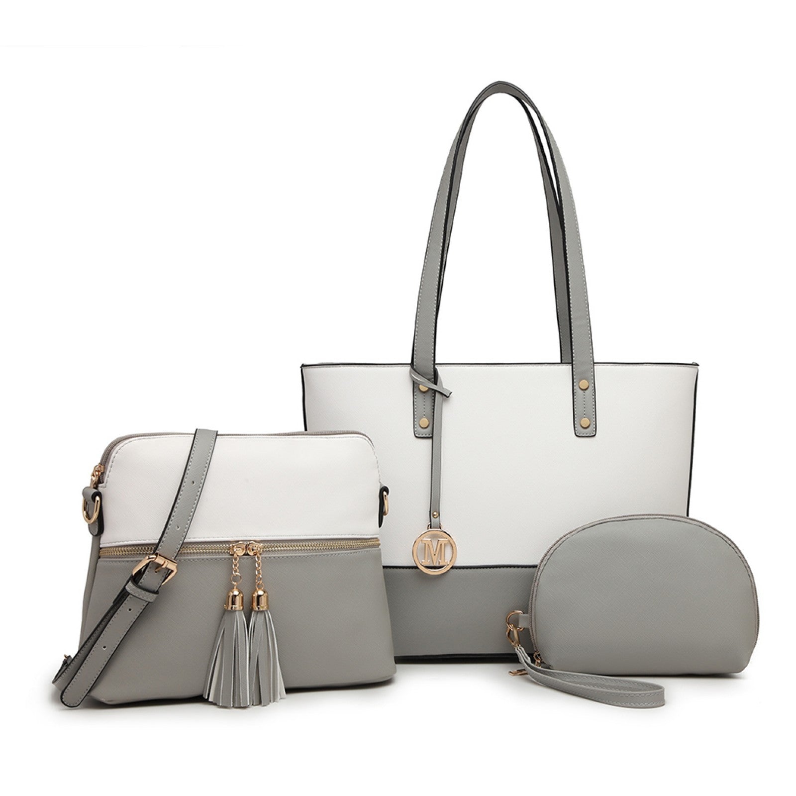 Miss Lulu Elegant 3-Piece Leather Look Tote Bag Set - Versatile & Chic for Every Occasion - Grey And White