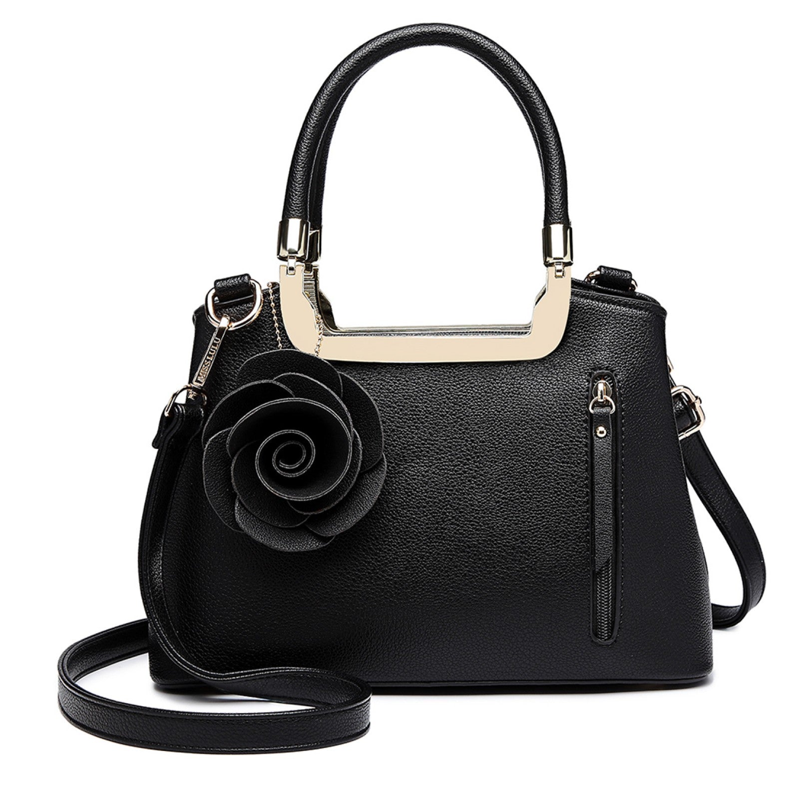 MISS LULU PU LEATHER ROSE HANGING ORNAMENT HANDBAG - BLACK