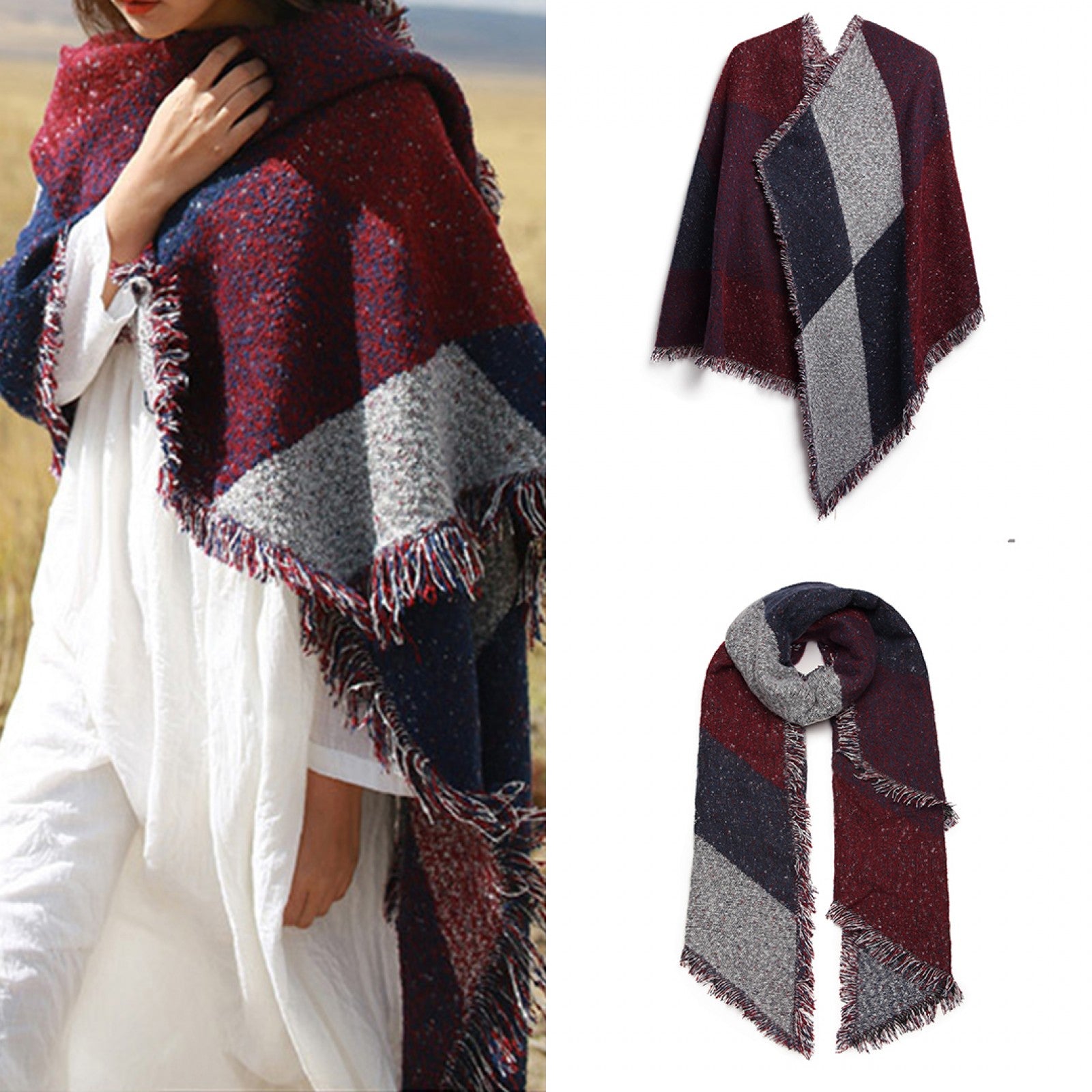 Women Ladies Fashion Plaid Scarf Blanket Winter Warm Wrap Shawl - Red