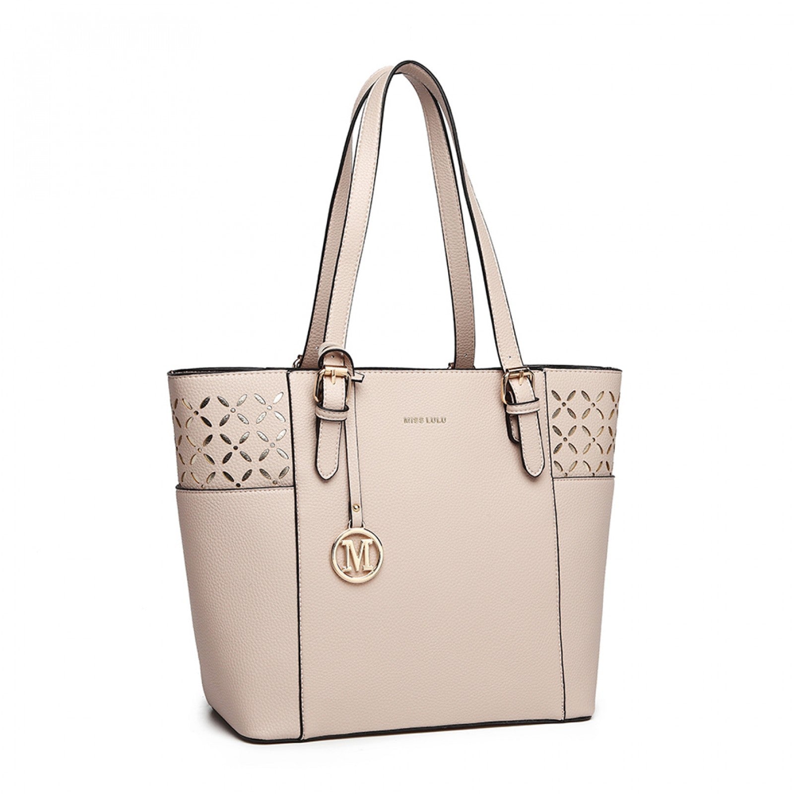 MISS LULU LASER CUT OUT TOTE SHOPPER BAG - BEIGE